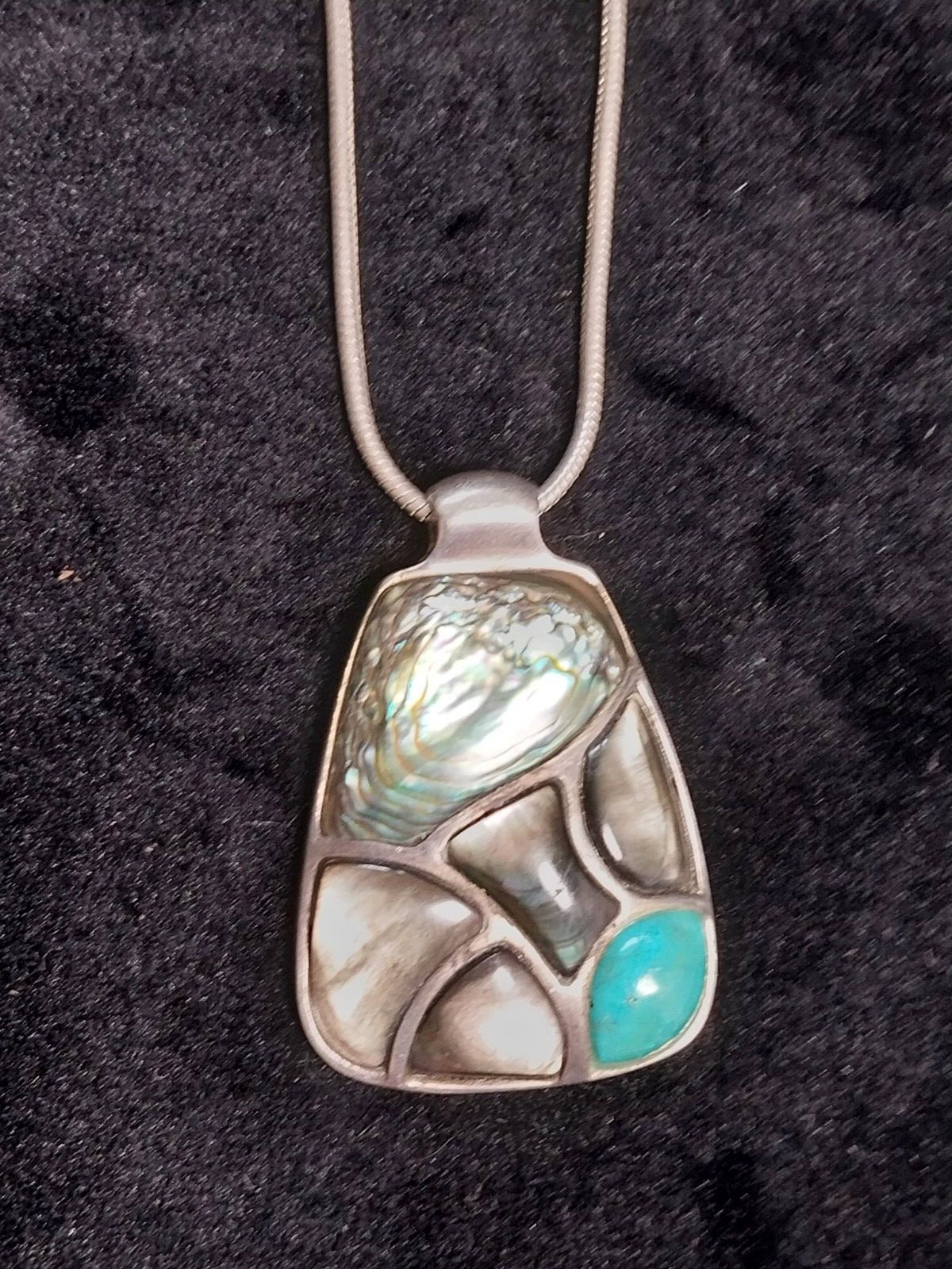 Vintage Abalone Shell Paua & Turquoise Abstract Cluster Pendant & Chain Necklace