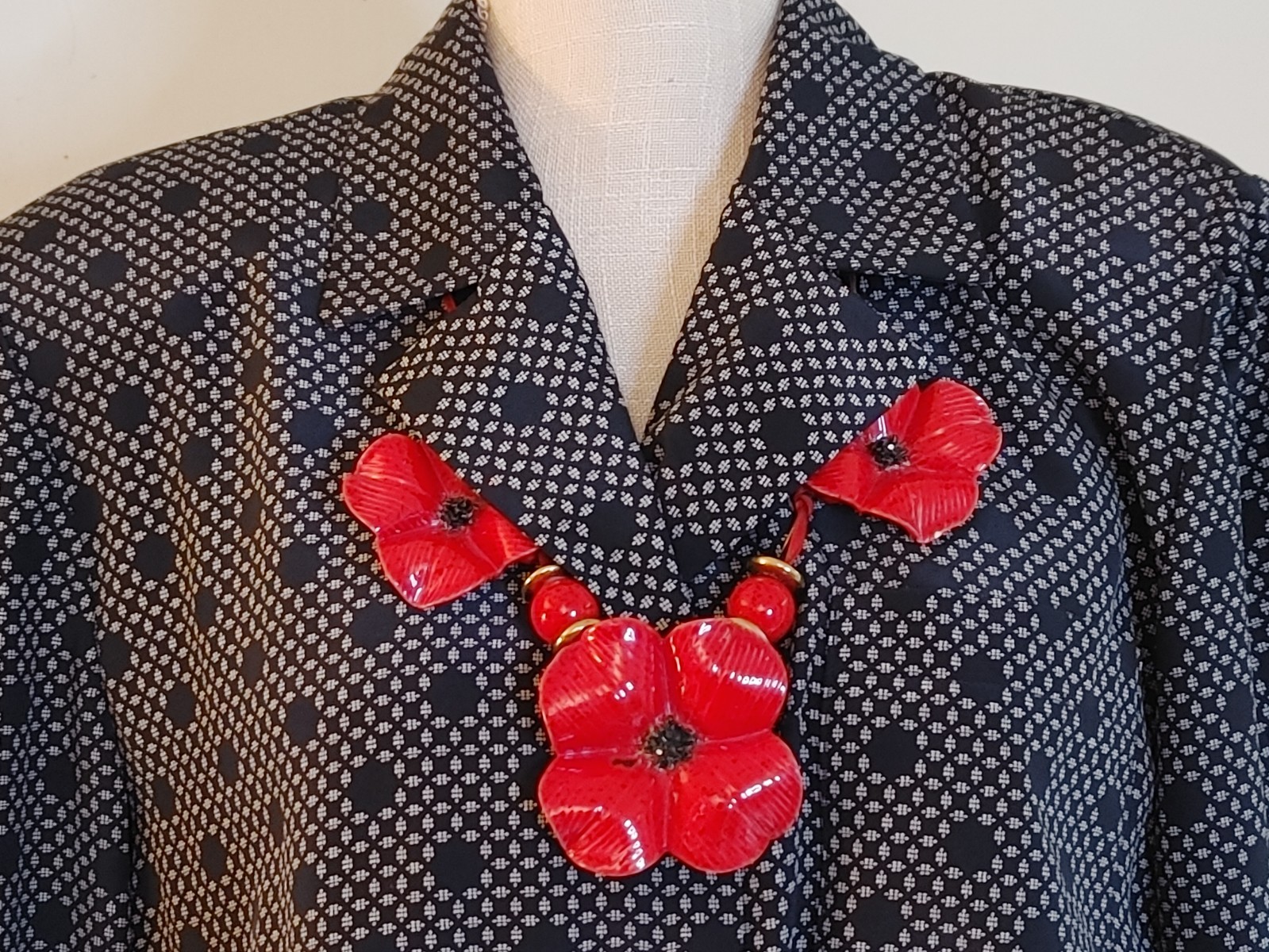 Vintage Y2K Red Enamel Poppy Necklace Ribbon Tie Back Wearable Artsy Statement