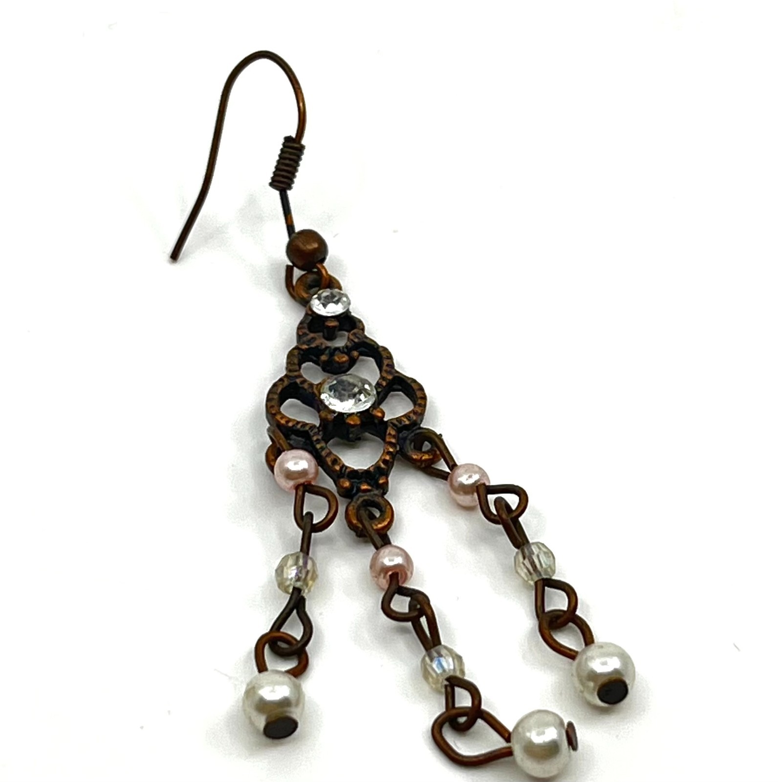 Vintage Antique Bronze Tone Chandelier Earrings Faux Pearl Rhinestone Dangle Y2K