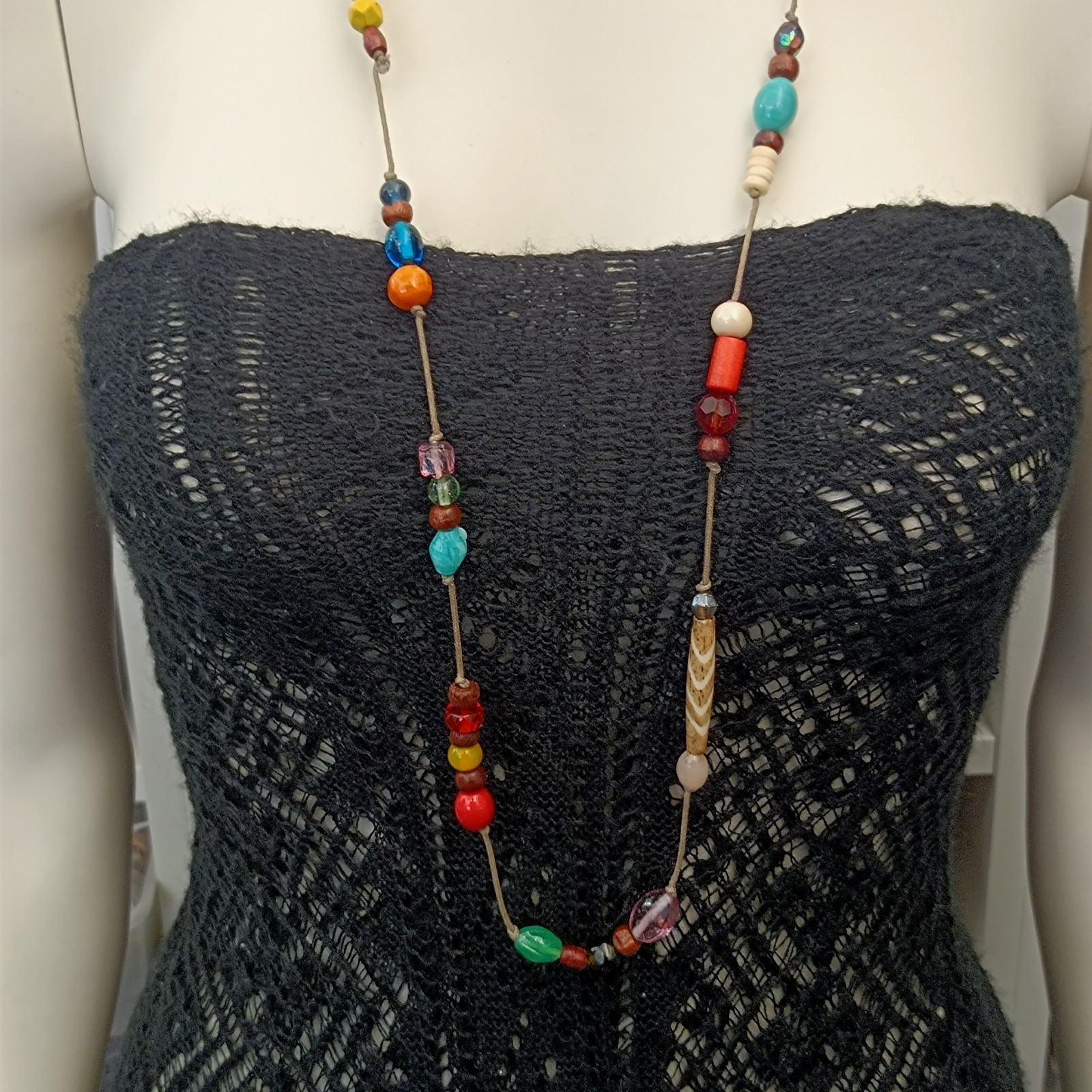 Vintage Long Boho Lariat Necklace Mixed Beads Glass Ceramic Wood Knotted Station