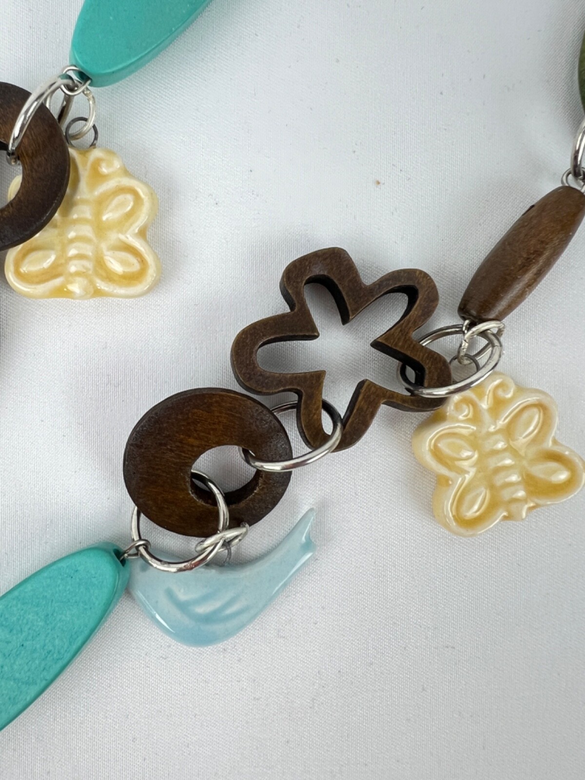 Ceramic & Wood Silver Tone Beads Discs Birds & Dragonfly Necklace & Earring Set