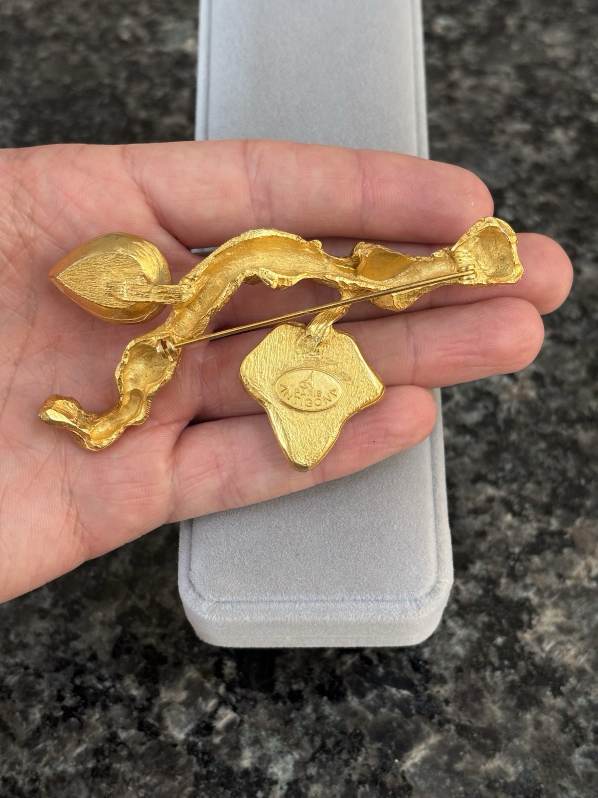Vintage Antigona Paris Large Gold Plated Tree Branch Leaf Nature Brooch 3.75”