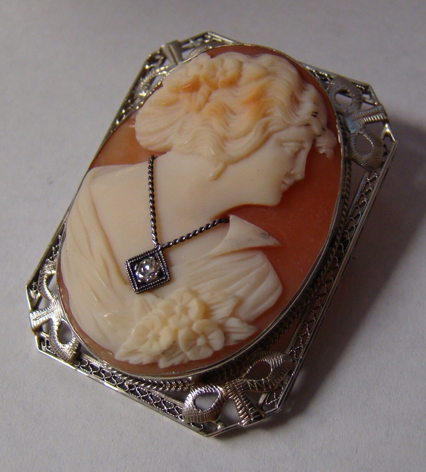 Antique Art Deco 14K White Gold Diamond Cameo Pin Brooch/Pendant 9.8g 39x30mm