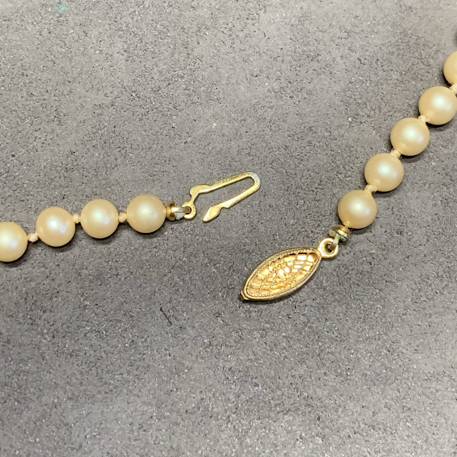 Vintage Hand Strung Faux Pearl Necklace 24”, Gold Tone Fish Hook Clasp Japan