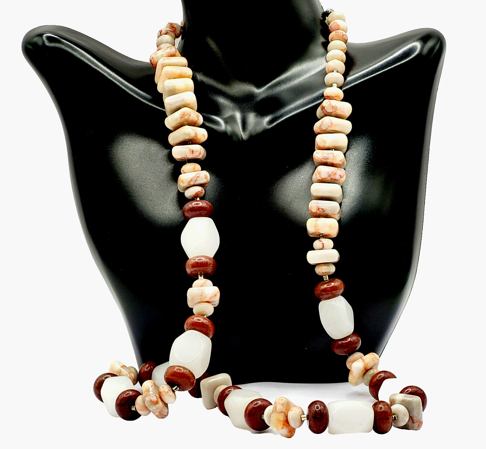 Southwest Style Crafted Brown Hued Jasper with White Quartz Silver Tone Necklace