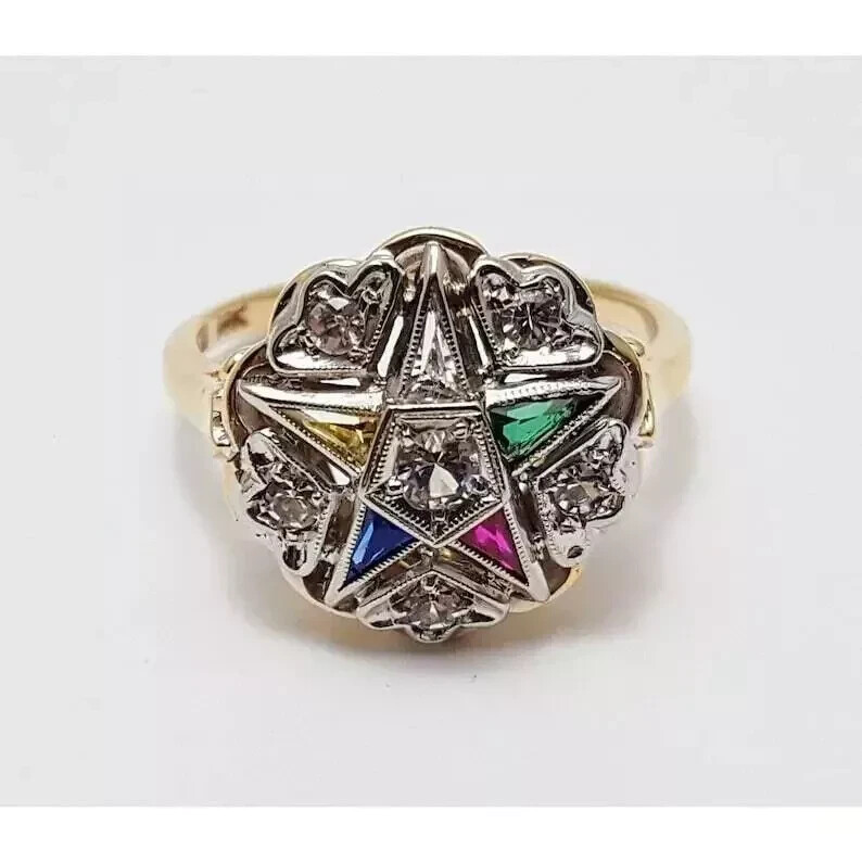 Eastern Star Multi-Color Lab Created Diamond 14K Gold FN Art Deco Wedding Ring