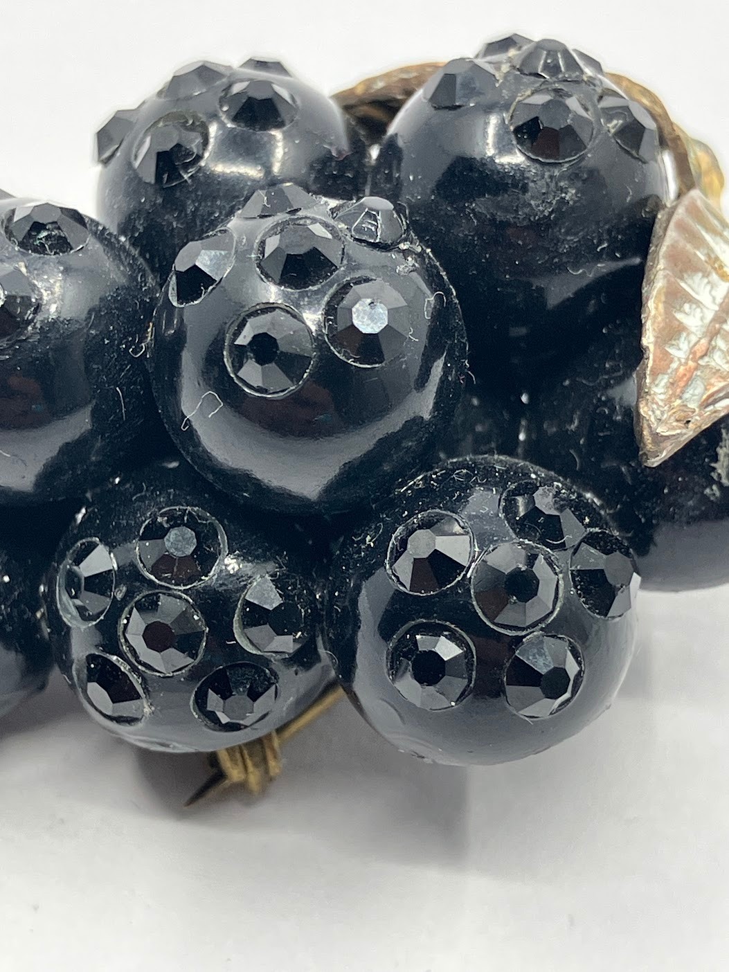 Vintage Forbidden Fruit Brooch Black Grape Cluster Lucite Rhinestones Pin