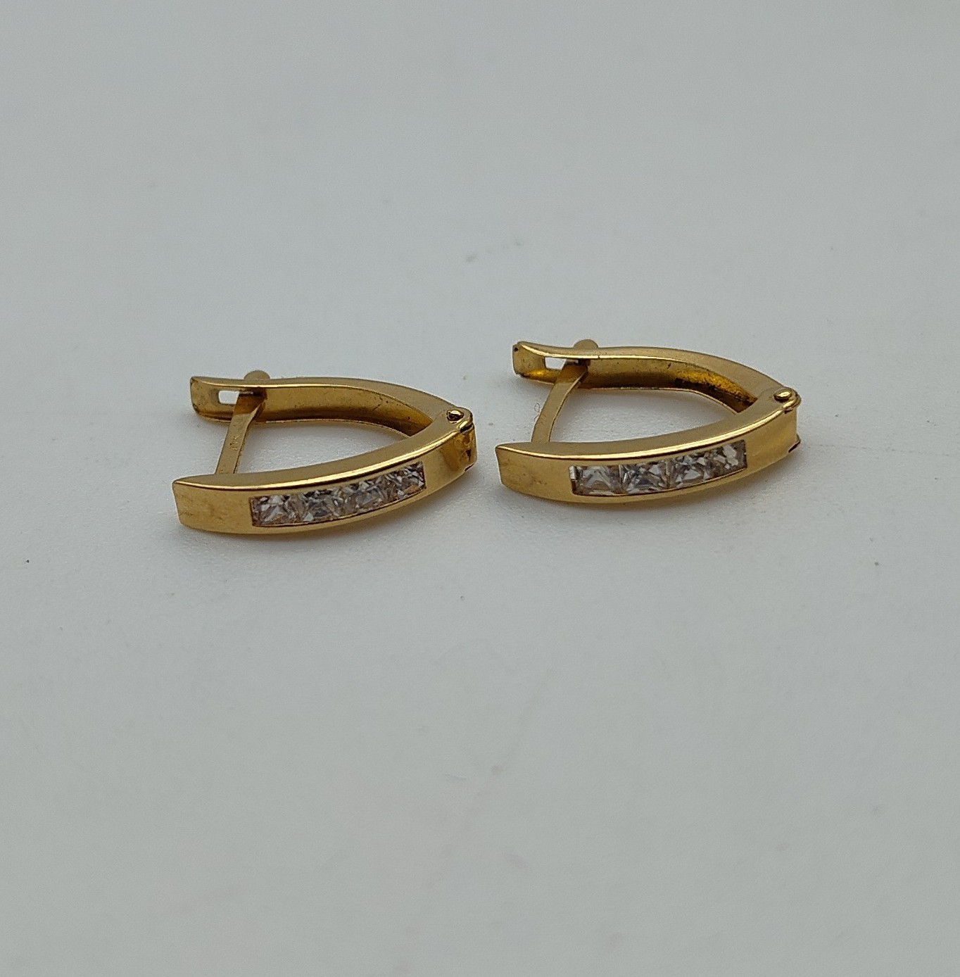 Vintage Hinge Hoop Clear Stone 14k Solid Yellow Gold Post Earrings Dangle Drop