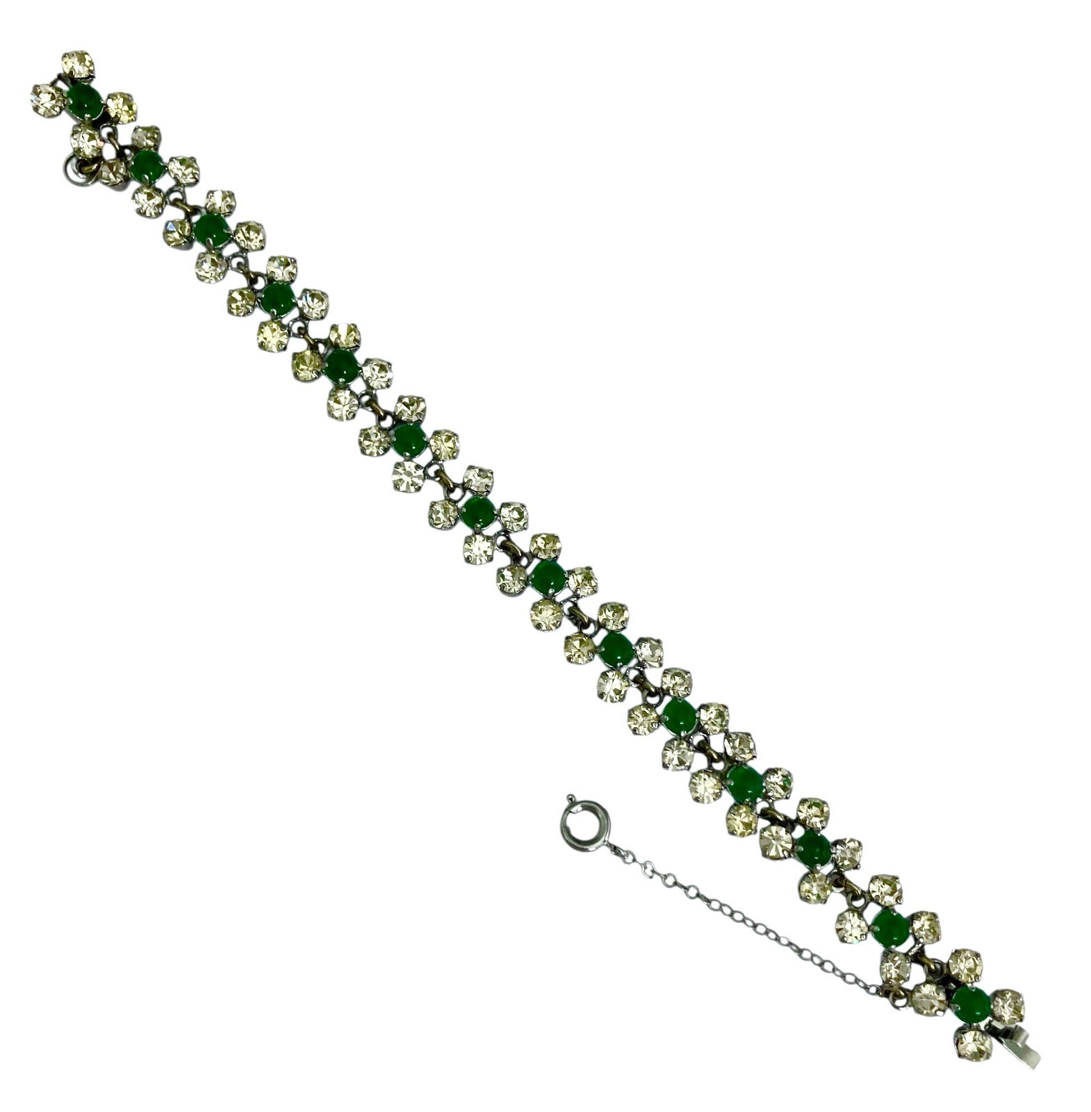 VINTAGE 1950’s Silver Tone Faux EMERALD & CLEAR AUSTRIAN CRYSTAL Link Bracelet