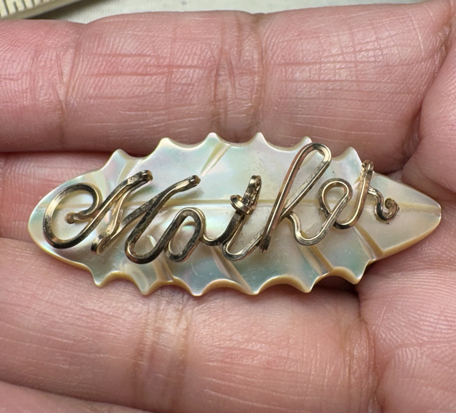 Vintage 1930s-1950s Mother of Pearl ‘Mother’ Brooch Gold Wire Script PAT #
