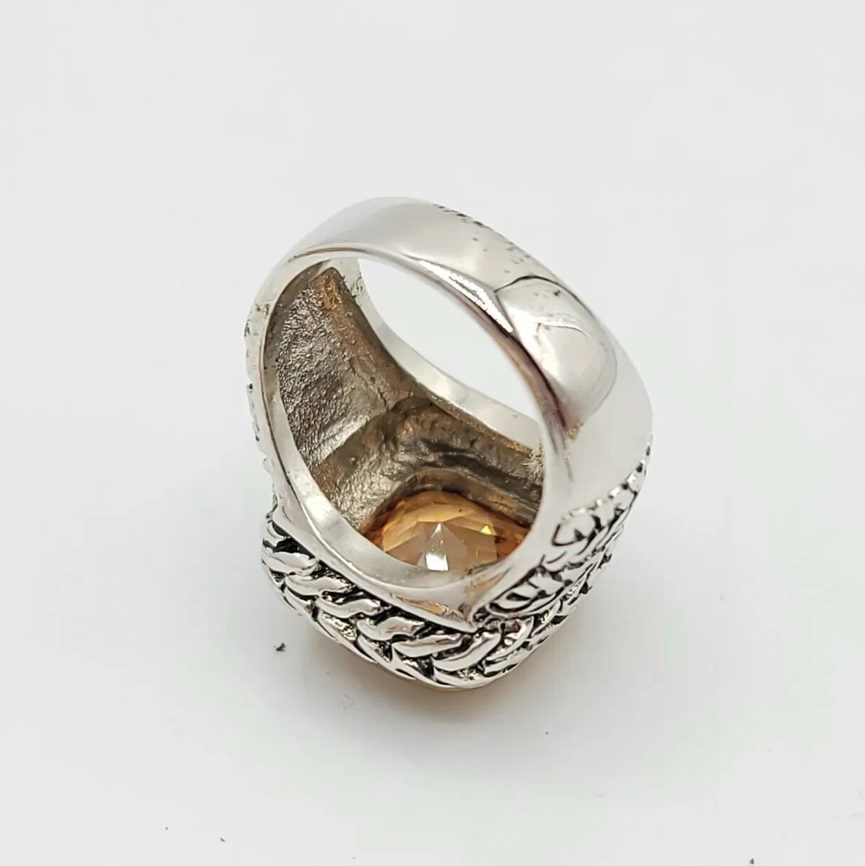 Vtg Ring Sz 7 Lg Citrine Topaz Amber Cubic Zirconia Medieval Jewelry Braid