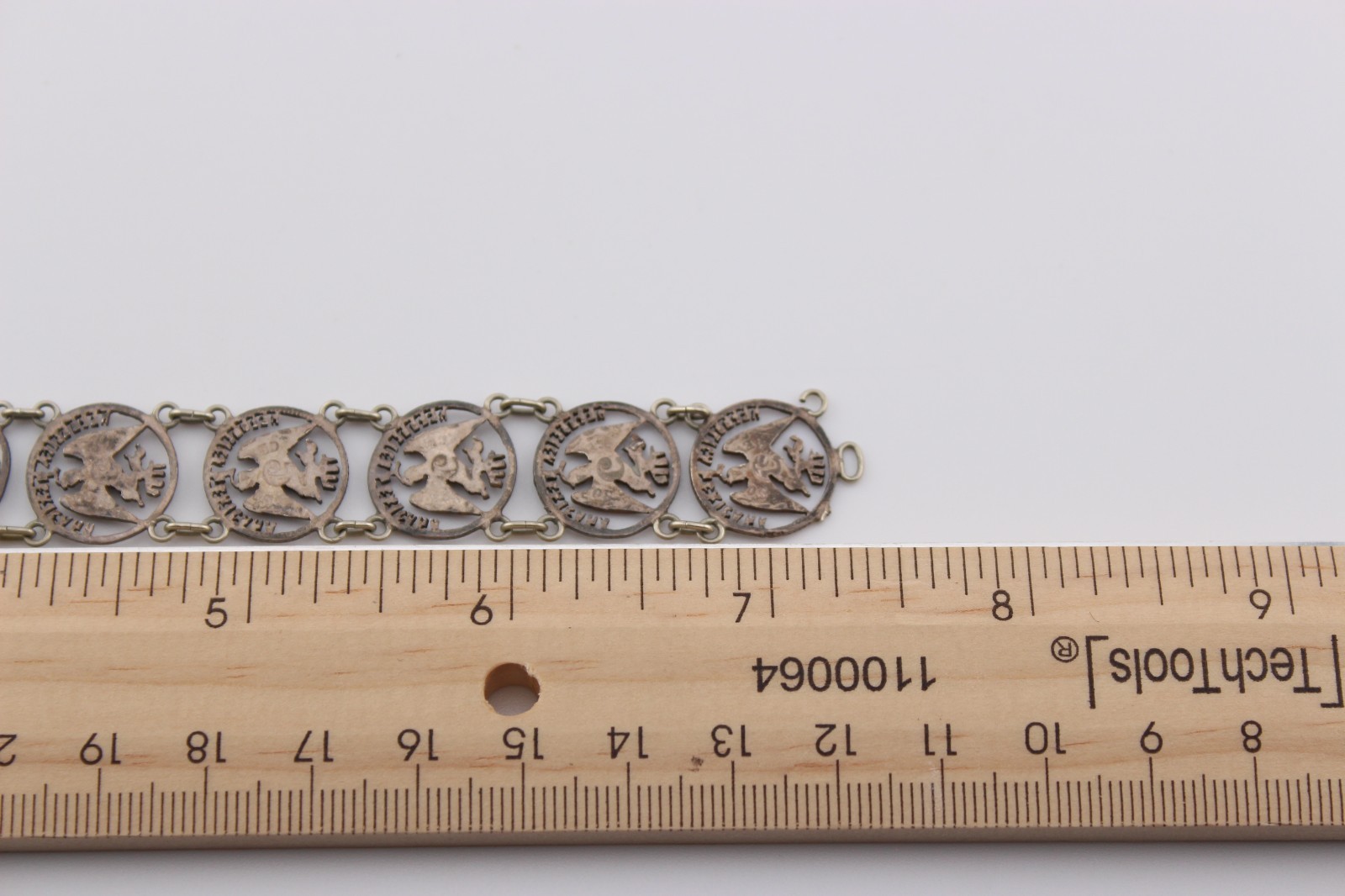 Antique 1880s silver Mexican Republic cut out coin panel bracelet 7.25″