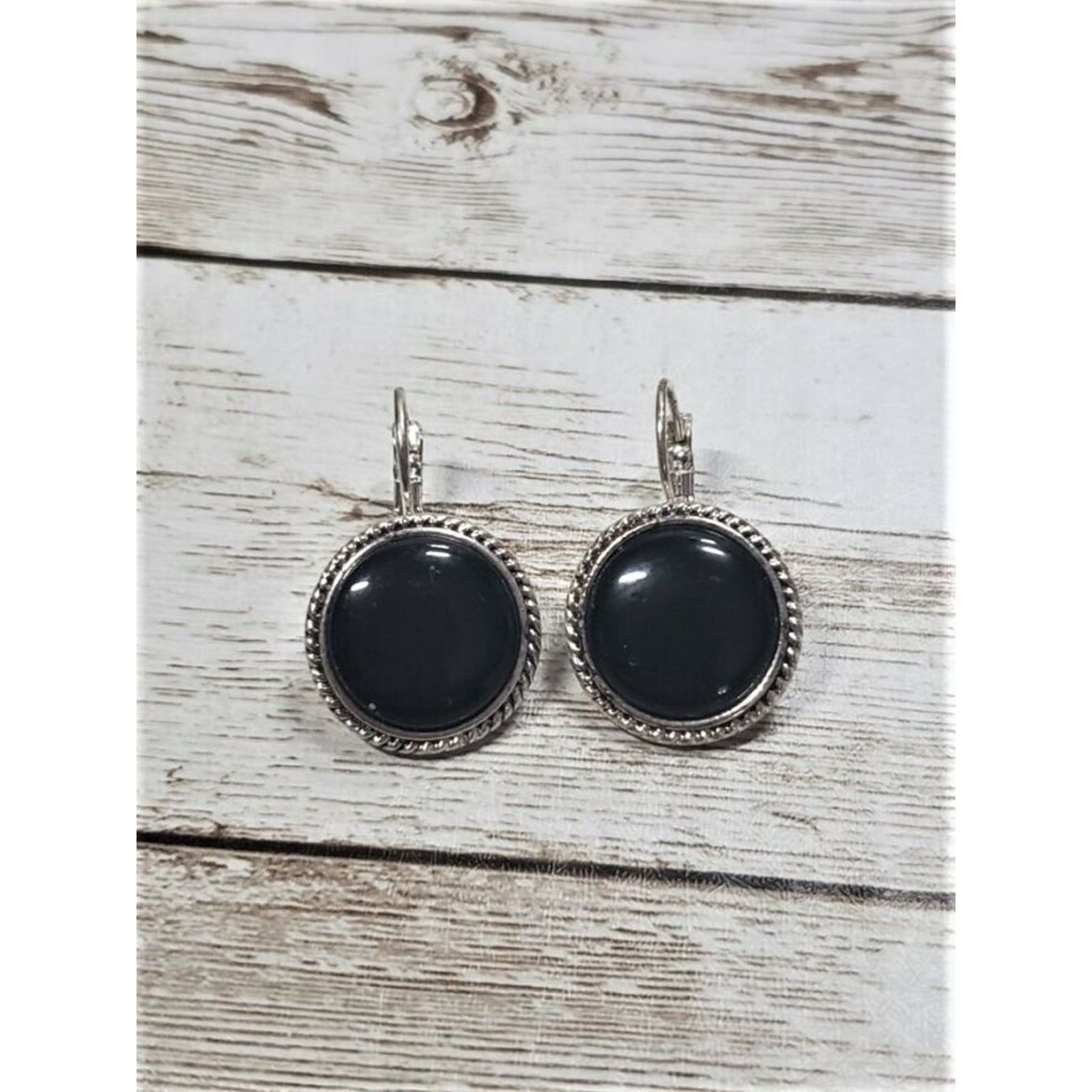 Vintage Clip On Earrings – Circle Black with Silver Tone Halo 3/4″