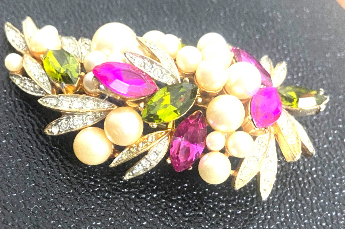 Vintage Brooch Pin, R. Mandle, Faux Pearls, Dark pink & green rhinestones