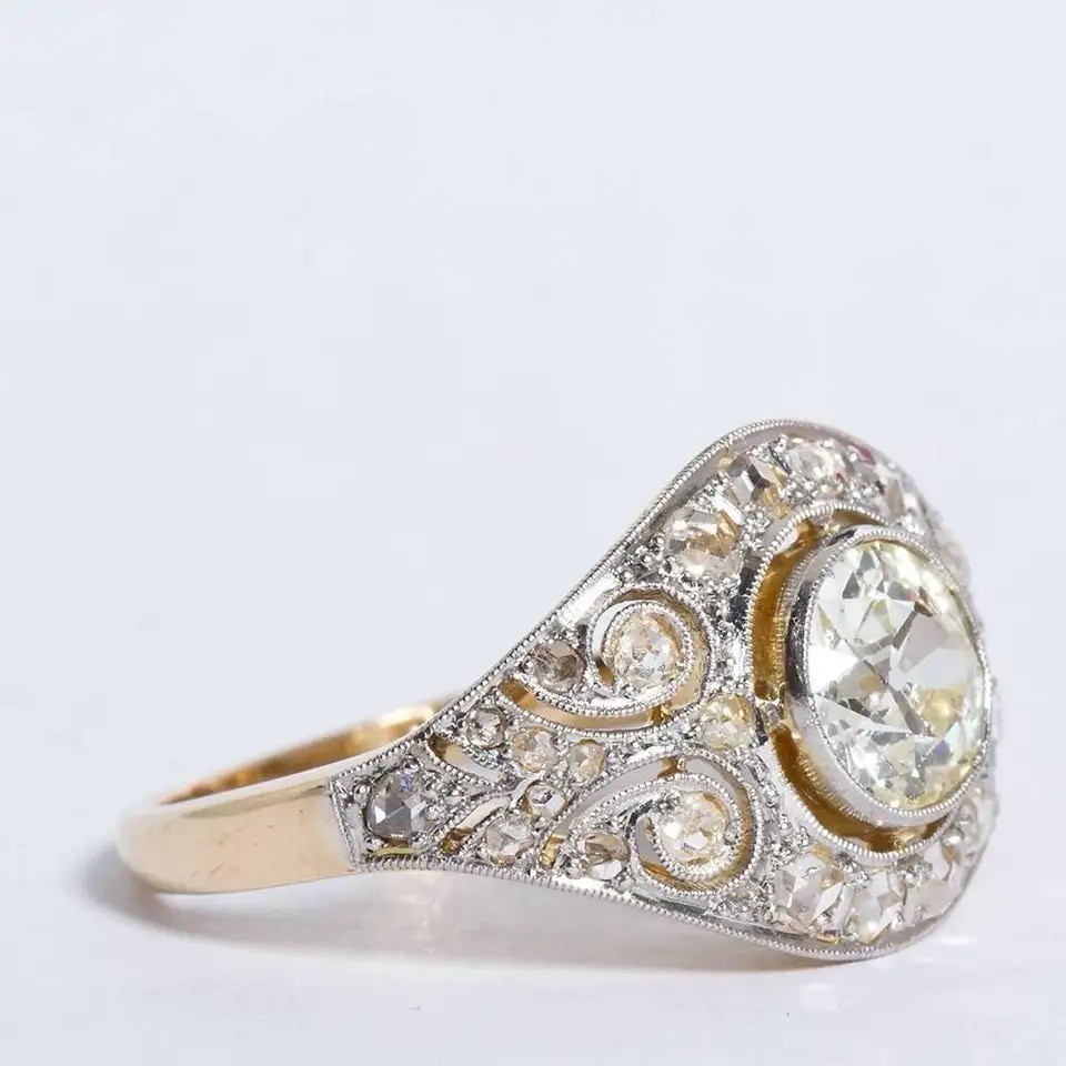 Art Deco Wide Old European Cut All Moissanite Gemstone Filigree Engagement Ring