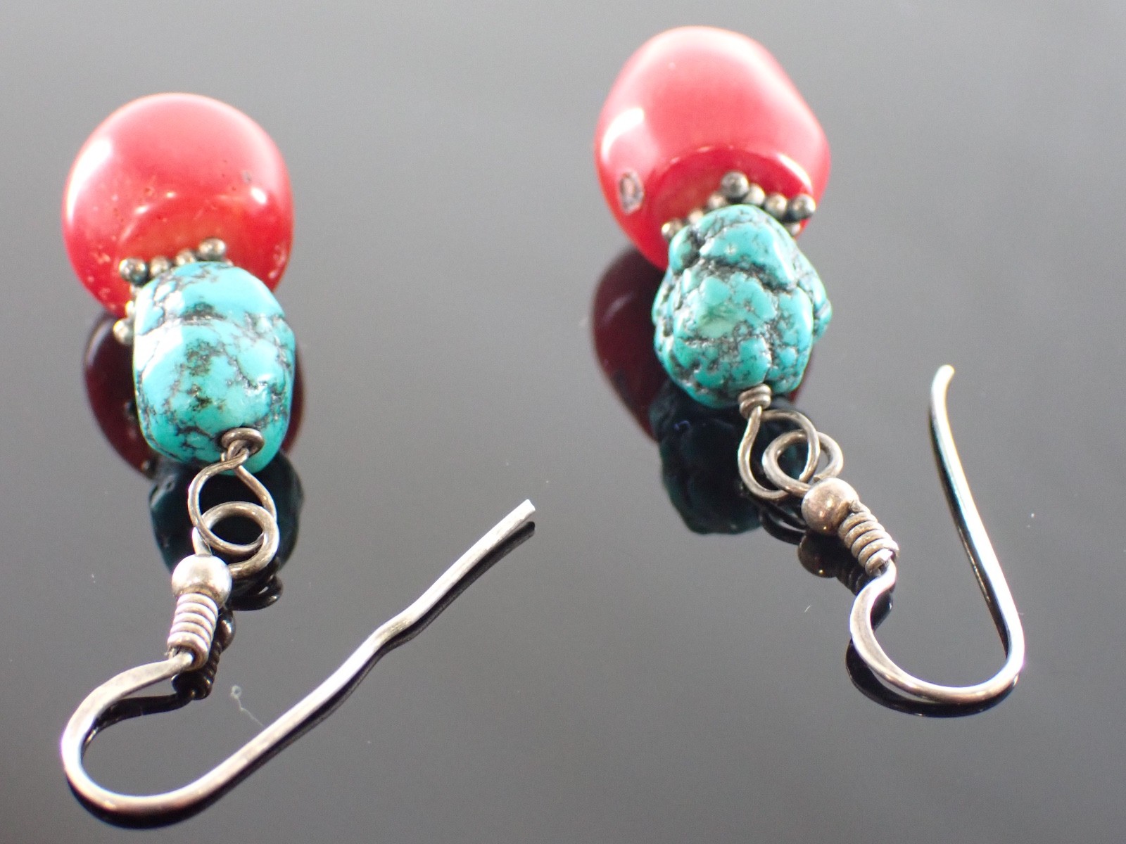 Vintage Sterling Drop Earrings Red Bead & Turquoise Matrix Stones Artisan