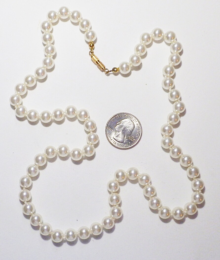 Vintage White Glass Pearl Strand Necklace, 25″ Hand Knotted, 8.4mm, Barrel Clasp