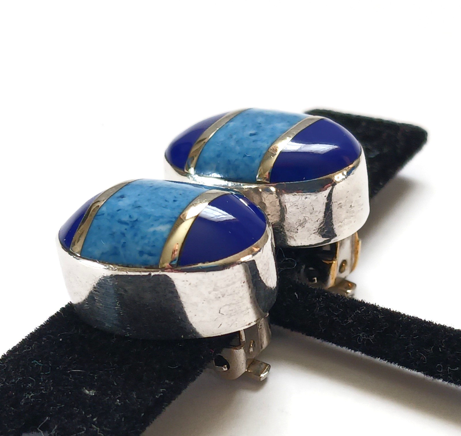 Sterling Silver Mexico 2 Tone Blue Lapis Denim Clip on Oval Earrings