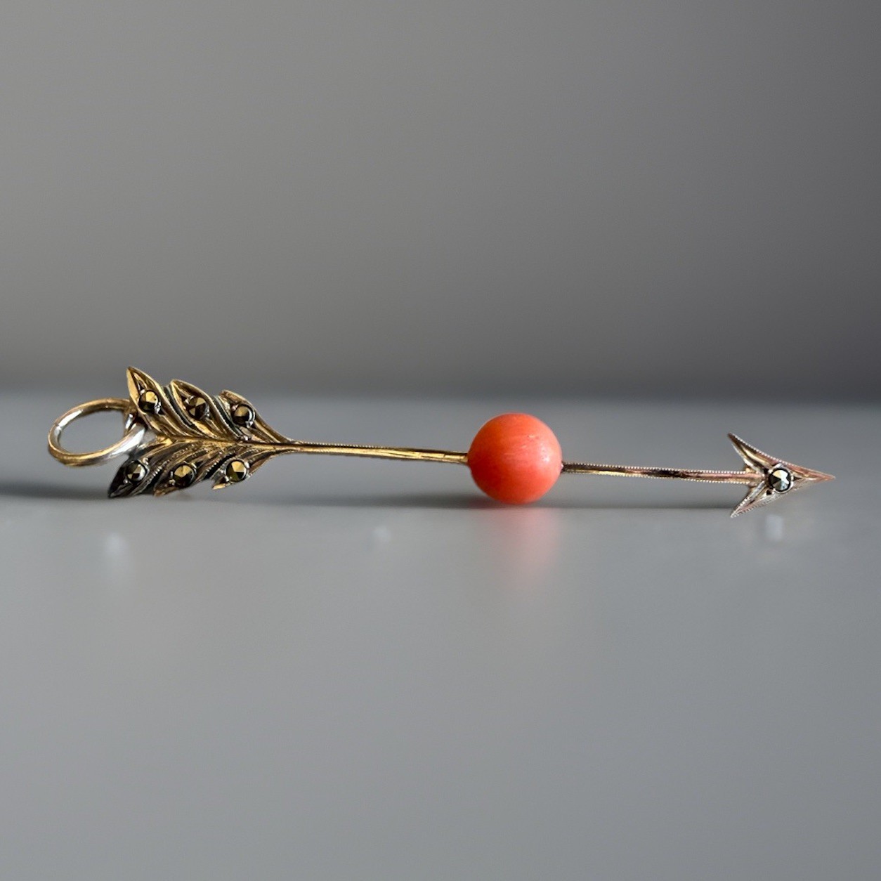 Antique French 800 Silver, Coral & Marcasite Arrow Pendant, C1900