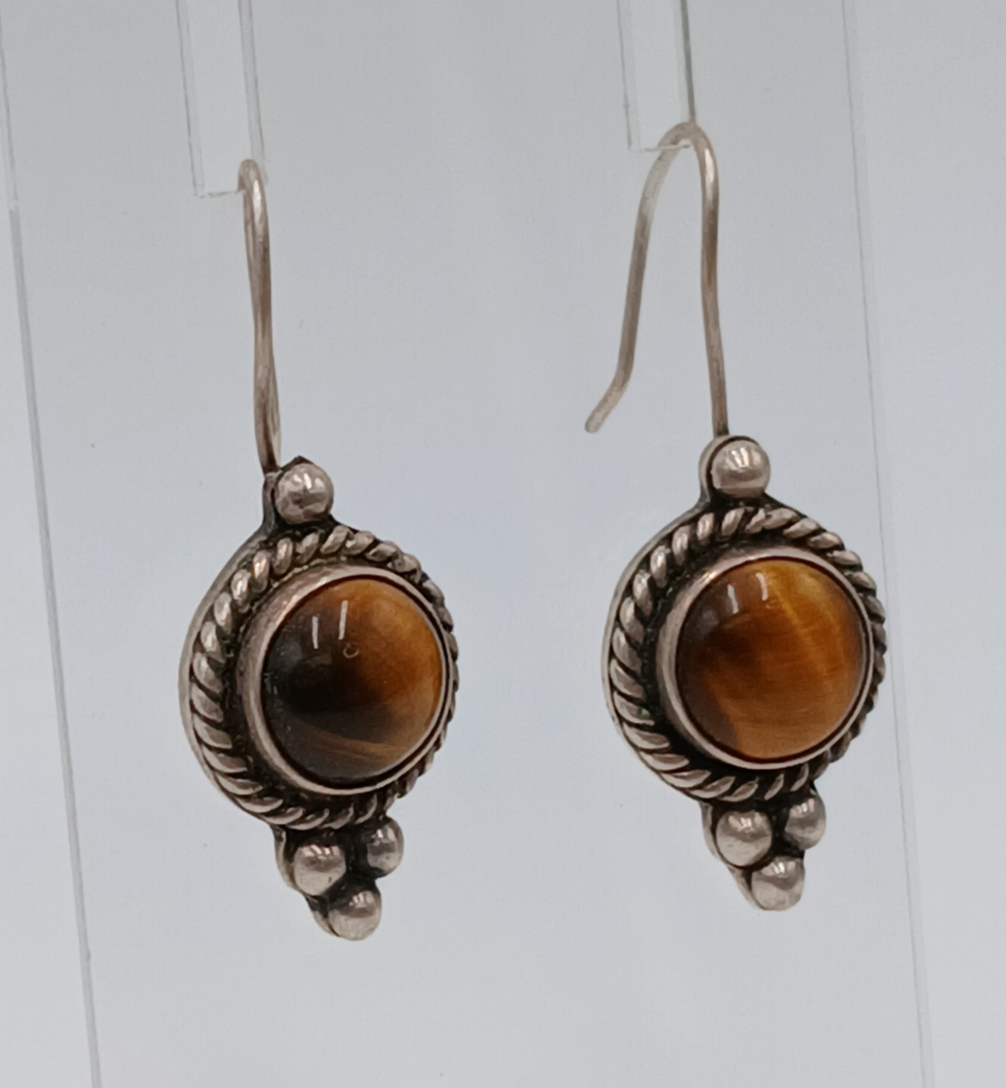 VTG 925 MEX Tigers Eye Earrings 1.75in Sterling Silver 10gtw Southwest Artisan