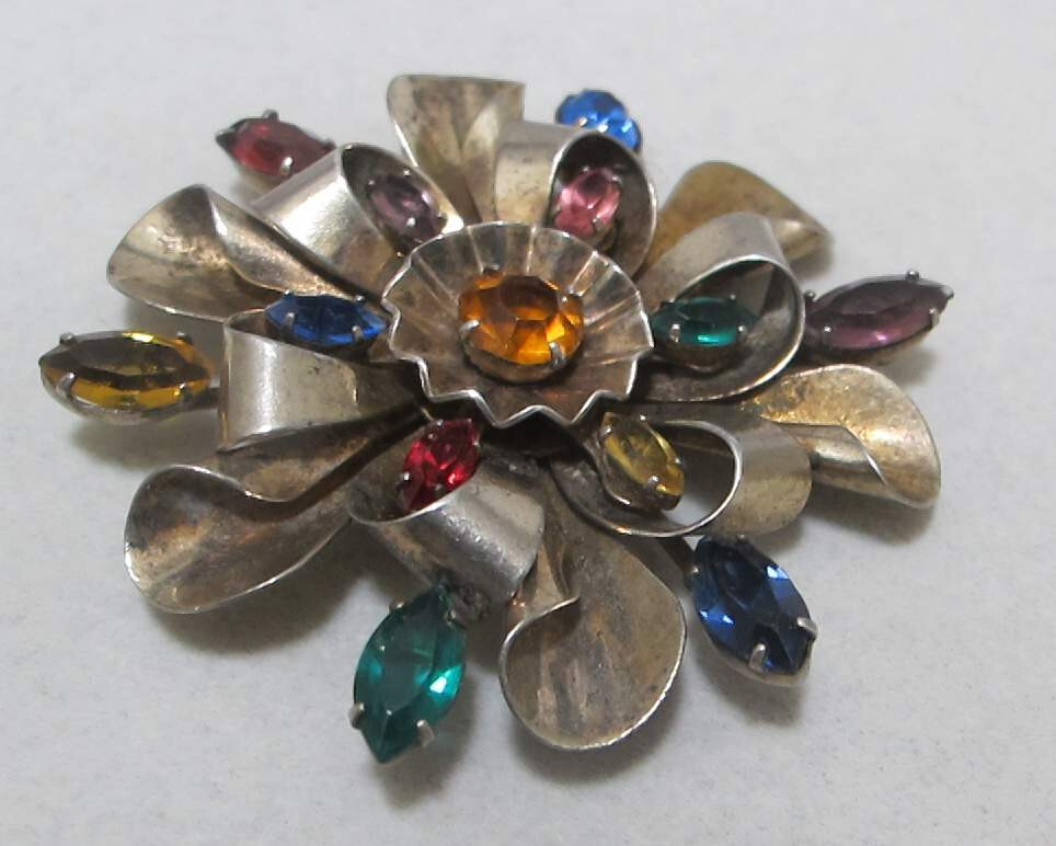 Vtg 2-3/8” Gold-Plated Sterling Layered Brooch Multi Color Rhinestones 30 Grams