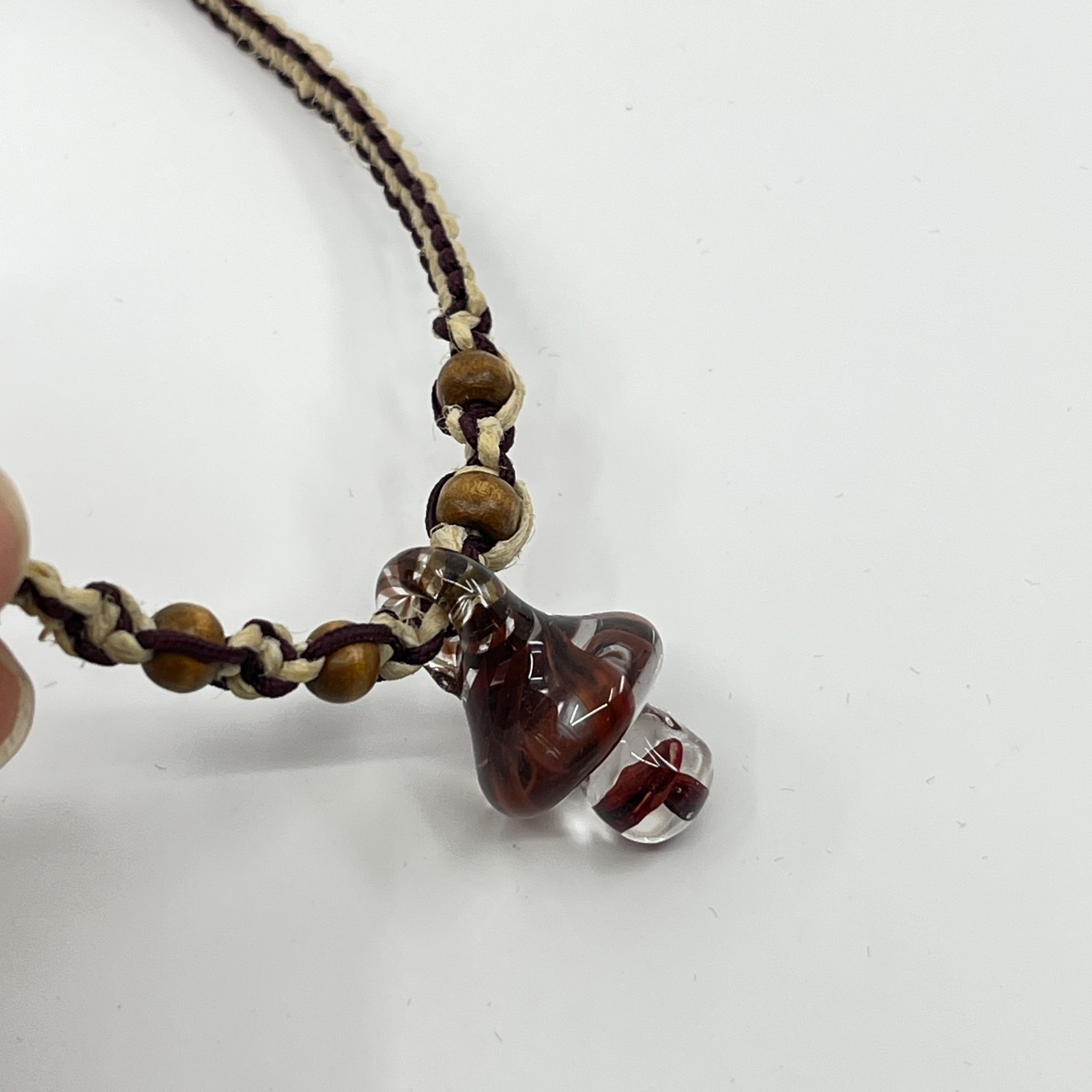 Vintage Retro Boho Hemp Choker Red Swirl Glass Mushroom Pendant Wooden Beads