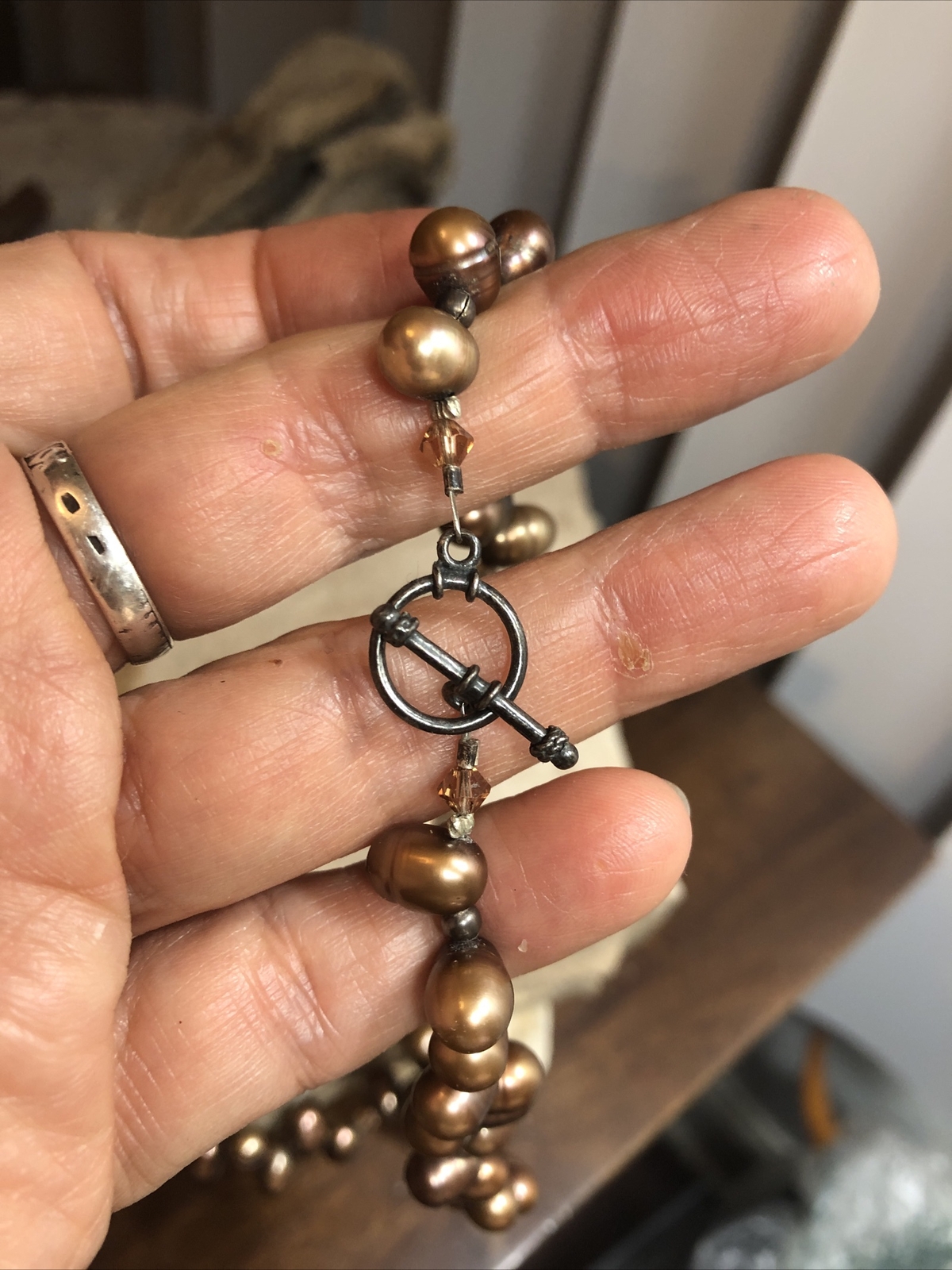 Vintage 925 Sterling Silver Root beer Pearl Bead Beaded Toggle Necklace 44g