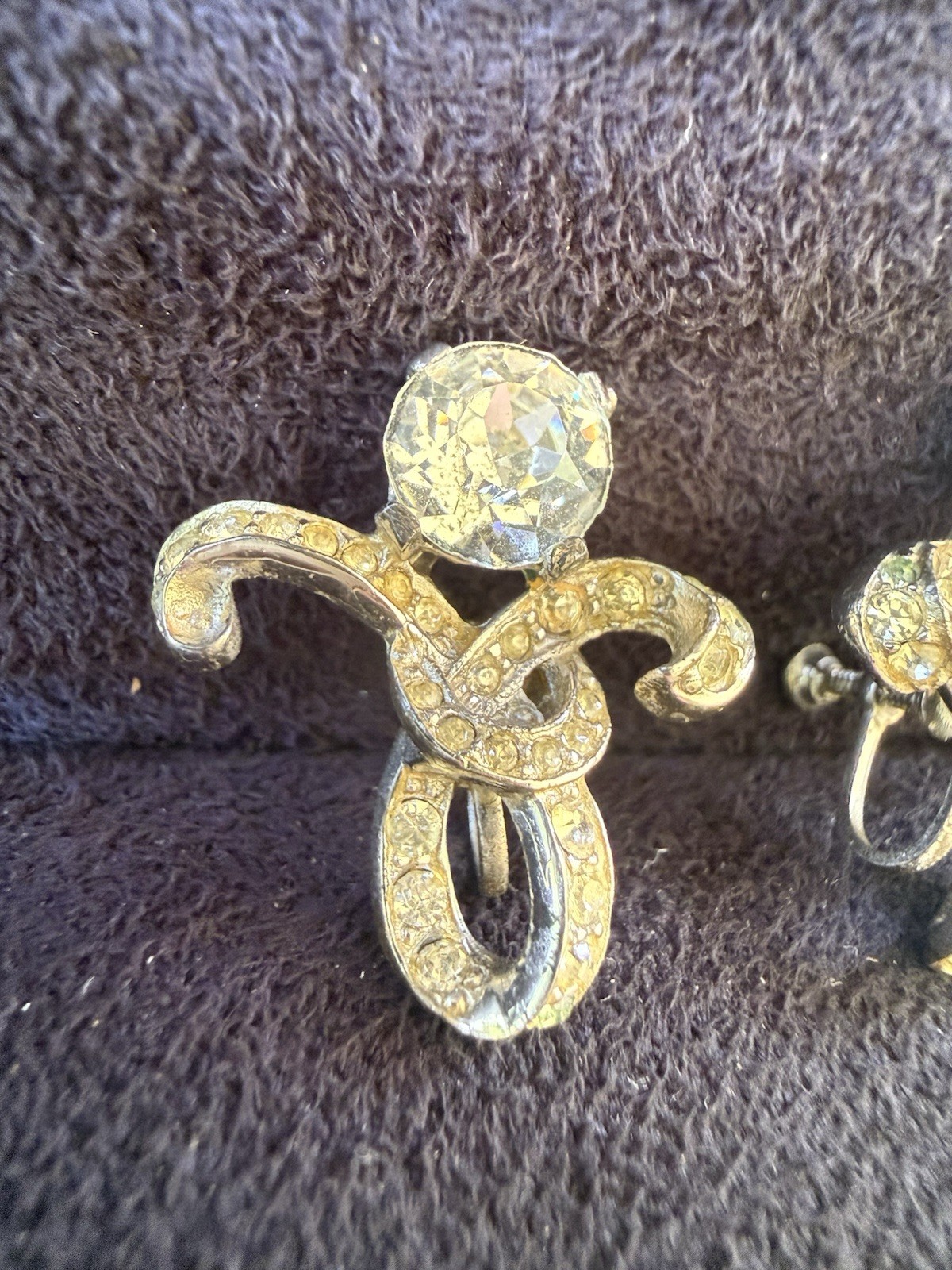 Vintage Sterling Clear Rhinestone Ribbon Earrings with Tension Based Clip On
