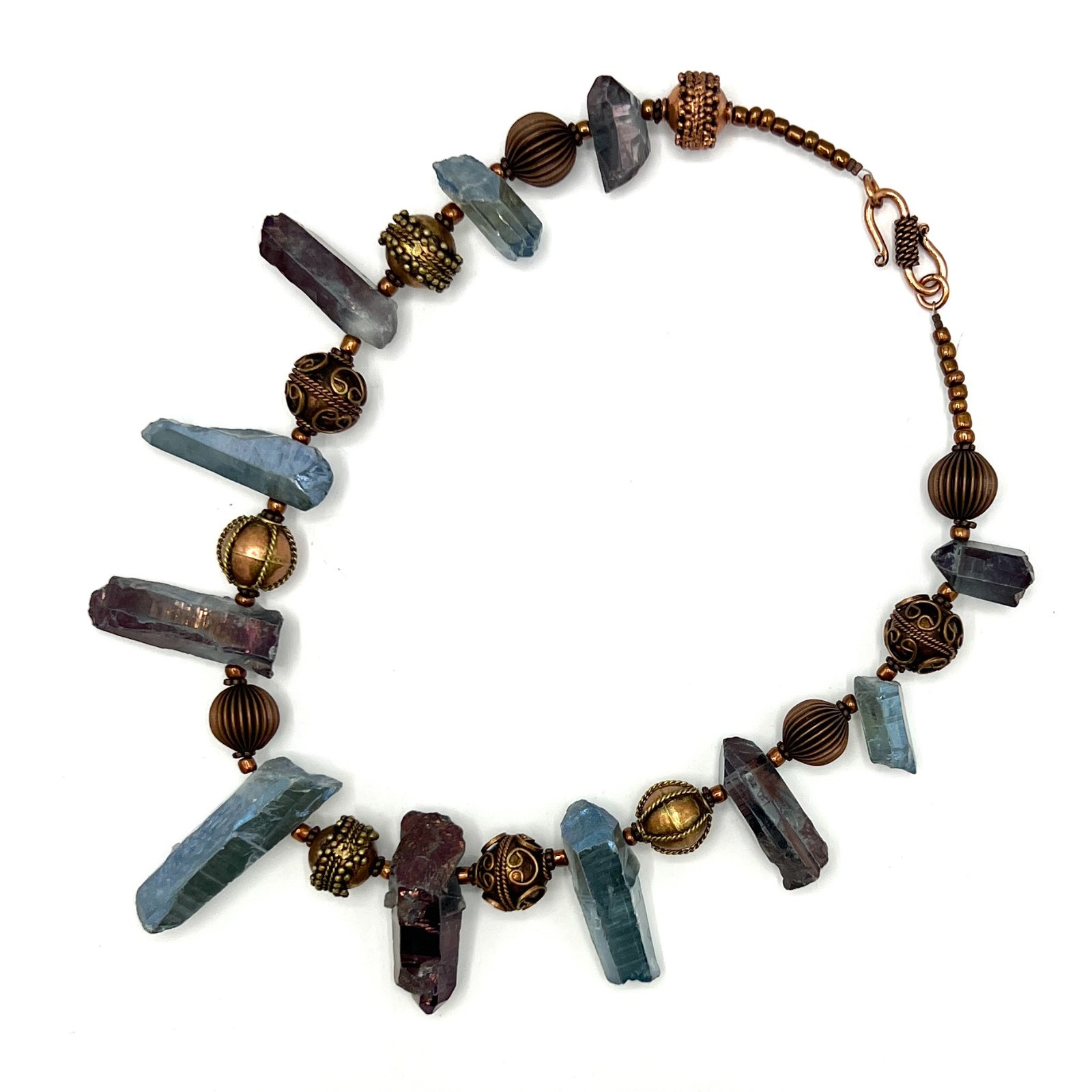 Artisan Raw Crystal & Brass Tone Statement Necklace-Unique handmade Boho Design