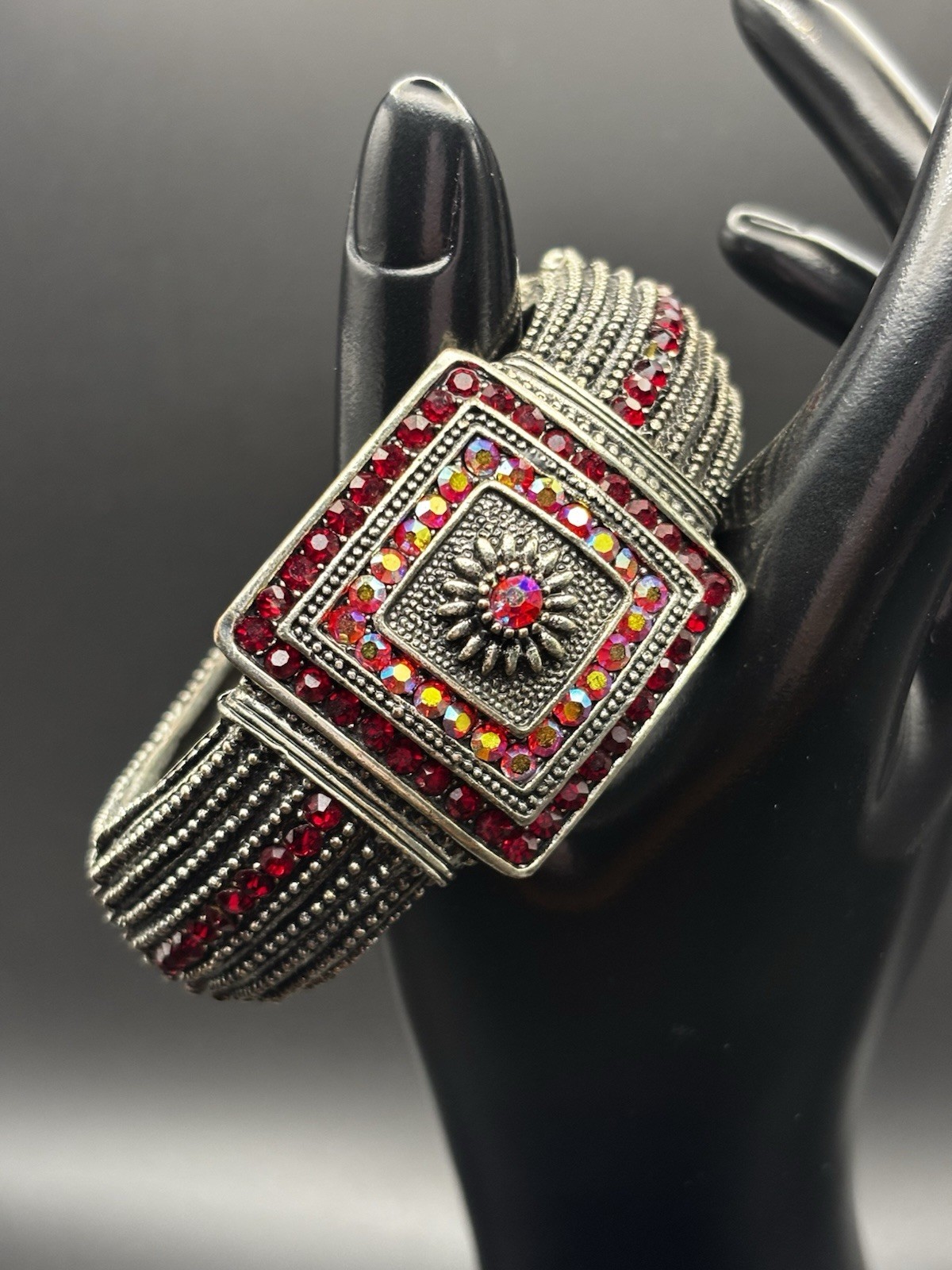 Ruby red and iridescent Aurora Borealis rhinestones Hinged Bracelet