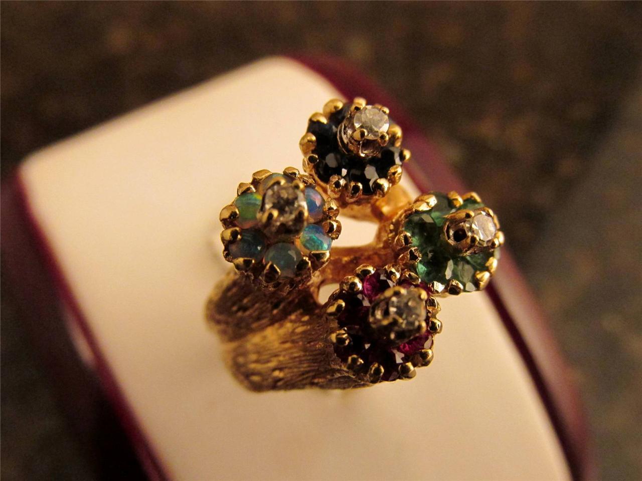 Vintage 14k Solid Gold Colorful Diamond Opal Emerald Sapphire Ruby Ring