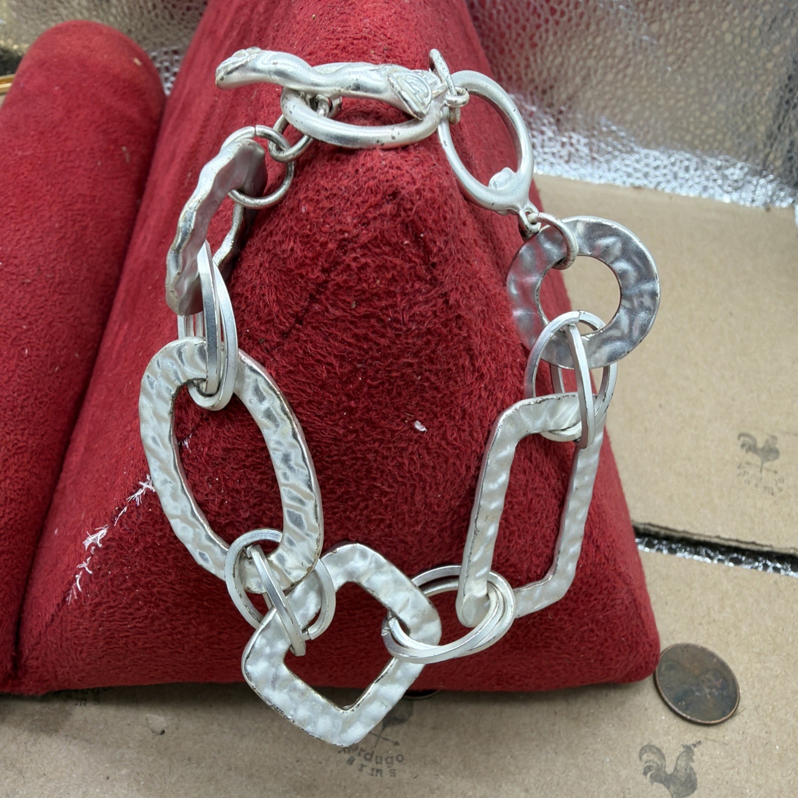 VINTAGE 44g .925 Sterling Silver Hammered Organic Link Bracelet Rose Toggle~8.5″