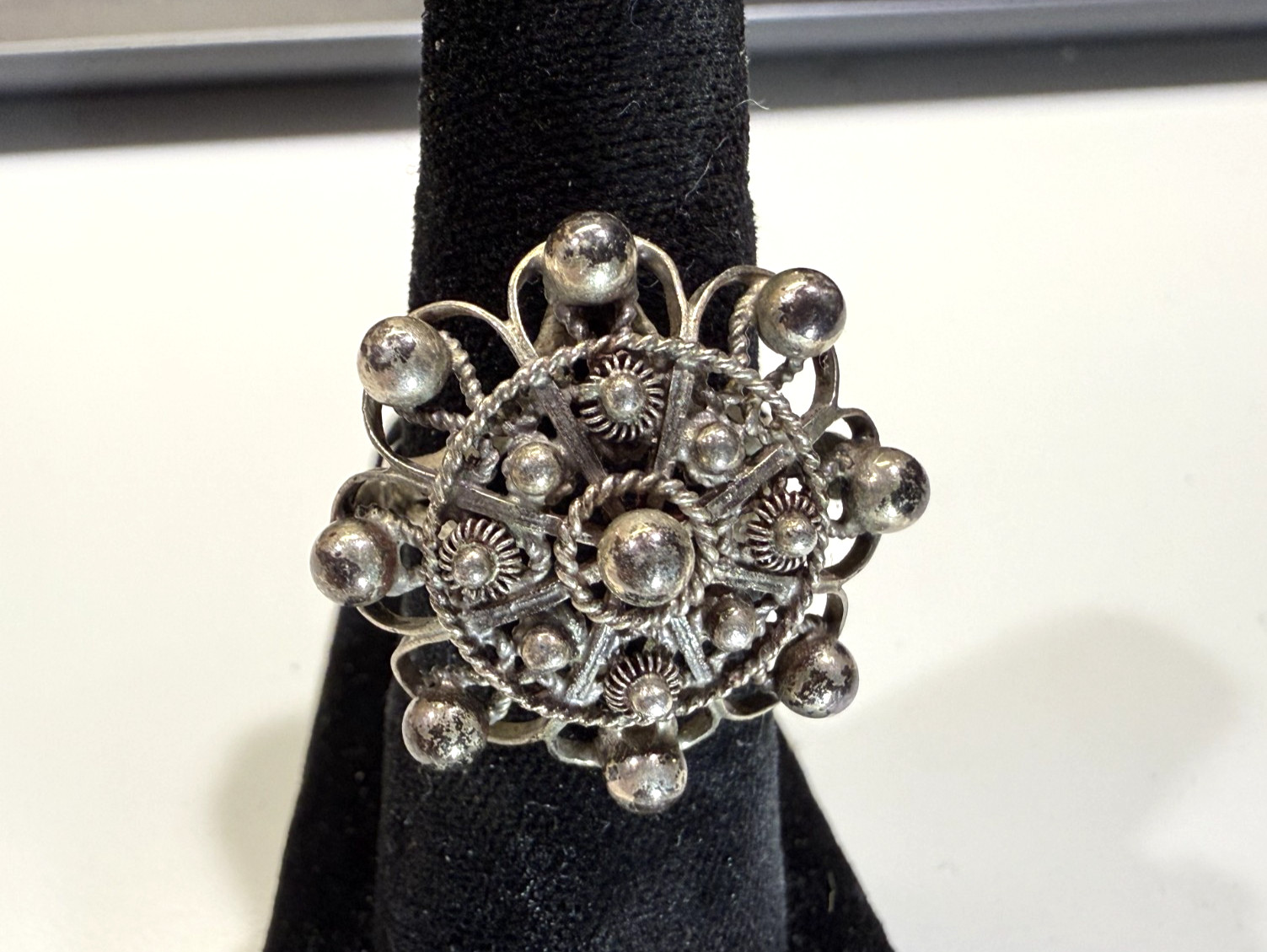 Vintage Tested Sterling Silver Domed Ornate Cannetille Filigree Ring Size 5.75
