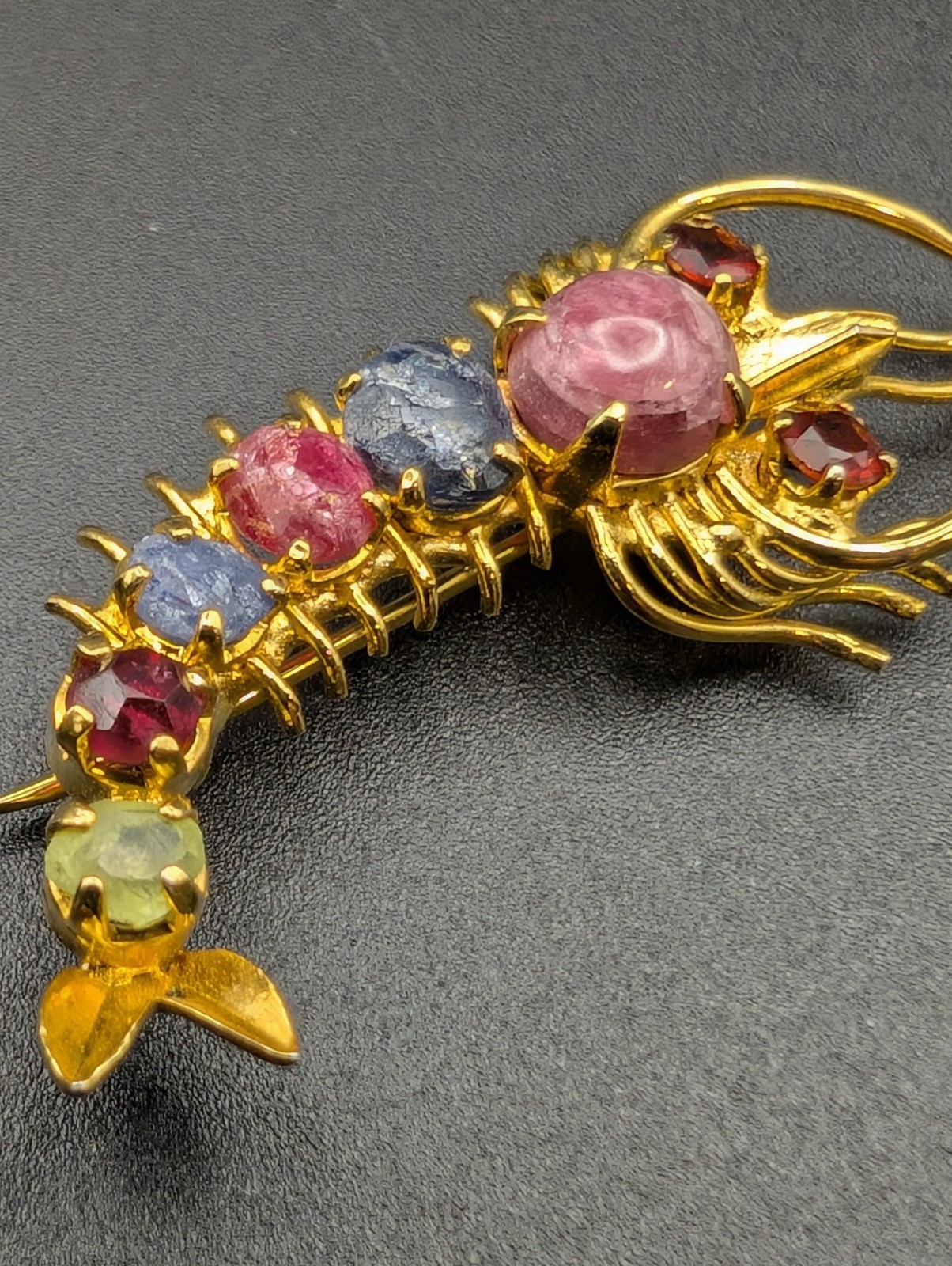 10K Gold & Gemstone Shrimp Brooch. Garnet, Ruby, Sapphire, Peridot(raw&Polished)