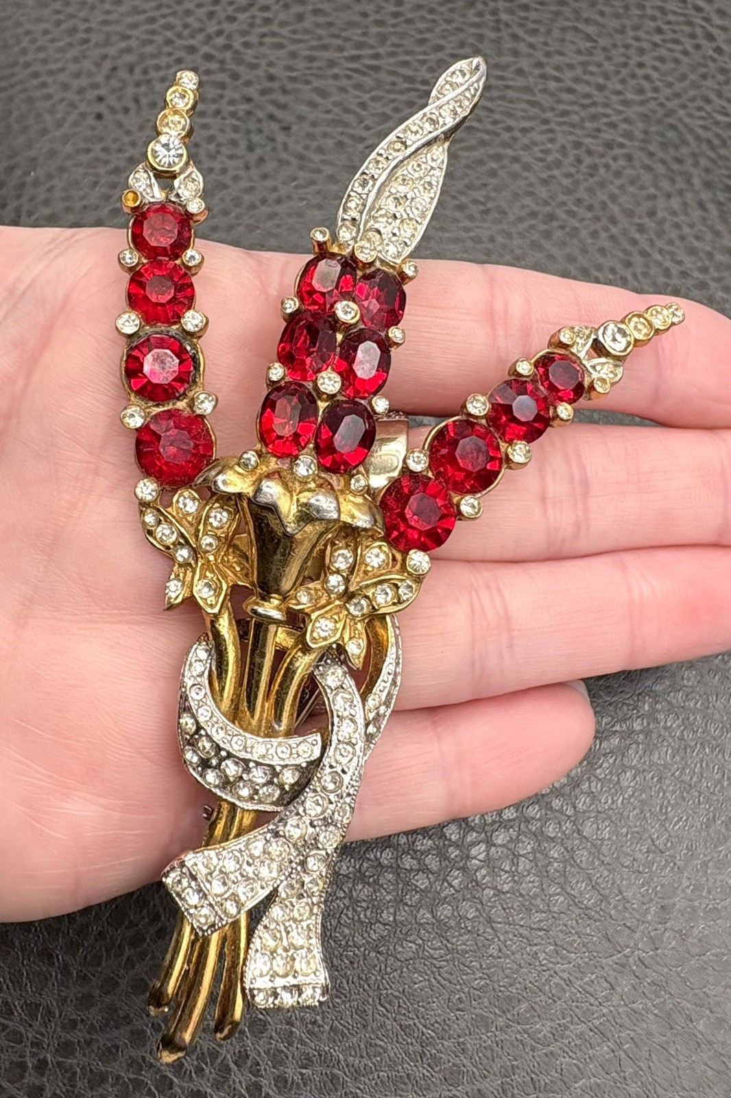 HUGE 4.5” Figural Red Rhinestone Gold Plated Pot Metal Flower Bouquet Brooch