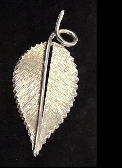 Vintage Silver Tone Leaf Brooch Pin Brushed Textured Swirl Stem 3” Nature