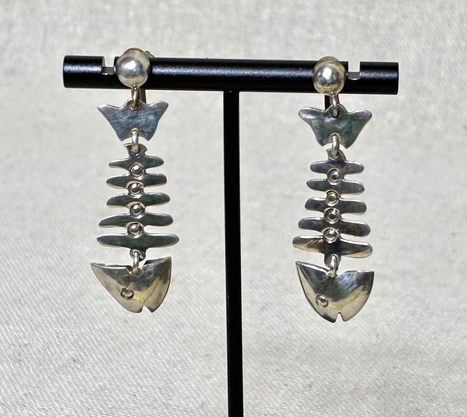 Taxco Silver Fish Dangle Earrings signed IP with Eagle Modernist Screw Back