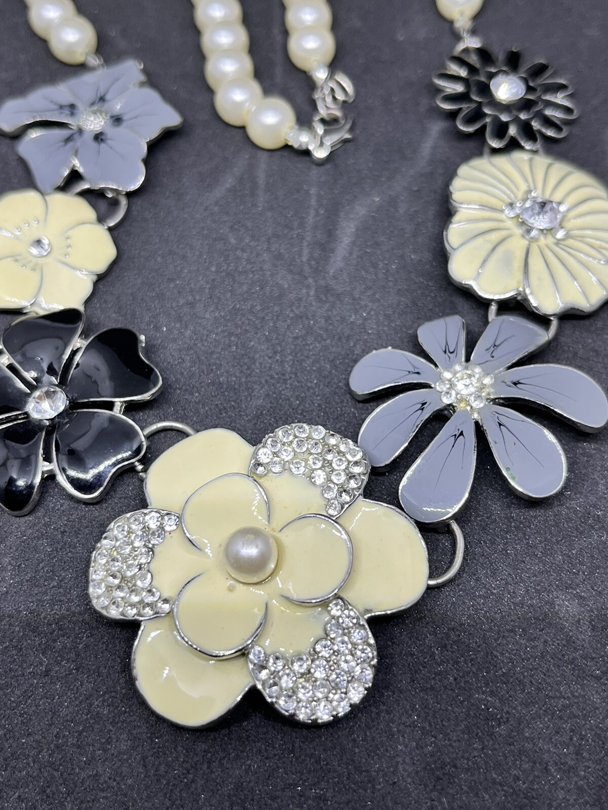 Cream And Gray Flowers With Rhinestones And Pearl Necklace