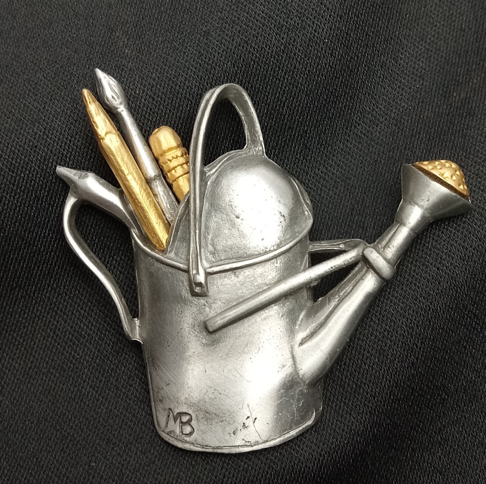Vintage M Bastin Brooch Pin Pewter Silver Gold Tone Gardening Water Can 1999