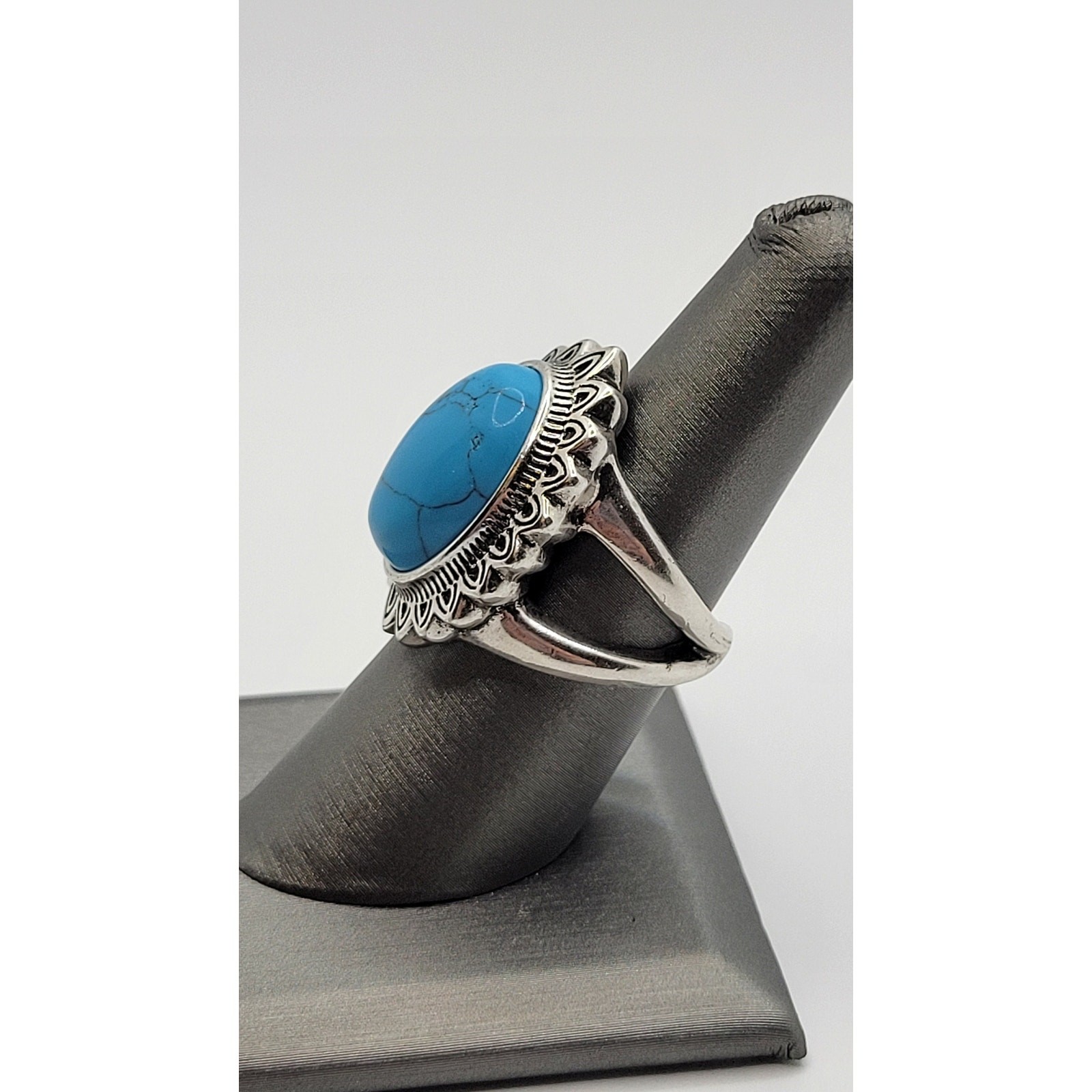 Blue Stone Faux Turquoise Cabochon Statement Ring Dyed Howlite Silver Plated