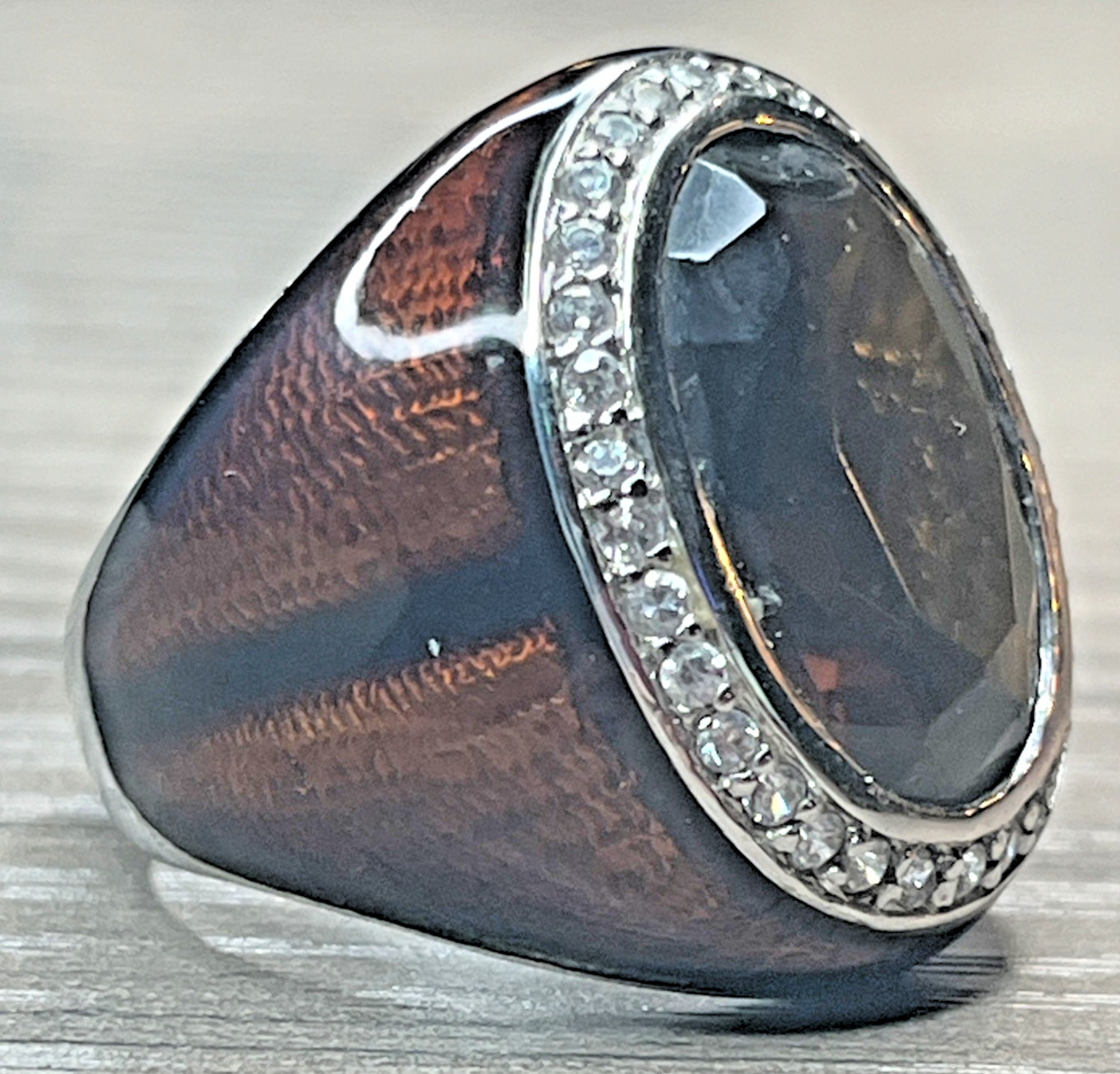 Men’s Vintage Pinky Ring Huge Brown Stone Enamel Rhinestone Halo Silvertone DBJ