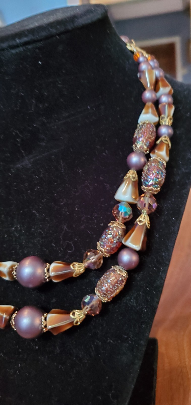 Vtg ART Arthur Pepper Double Strand Venetian Purple Crystal Gold Tone Necklace