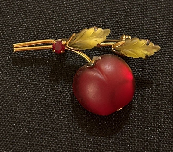 Vtg AUSTRIA Red Cherry Brooch Forbidden Fruit Frosted glass gold tone rhinestone