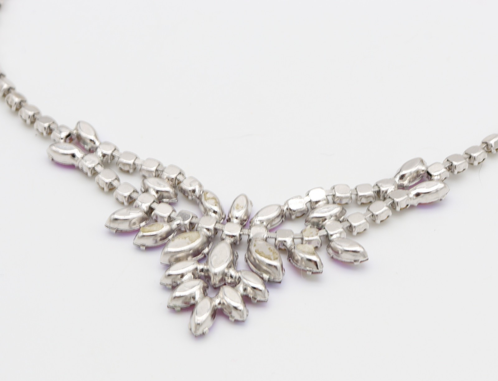 Vtg B. David Rhinestone Necklace Pink AB Red Clear Choker Signed Marquise