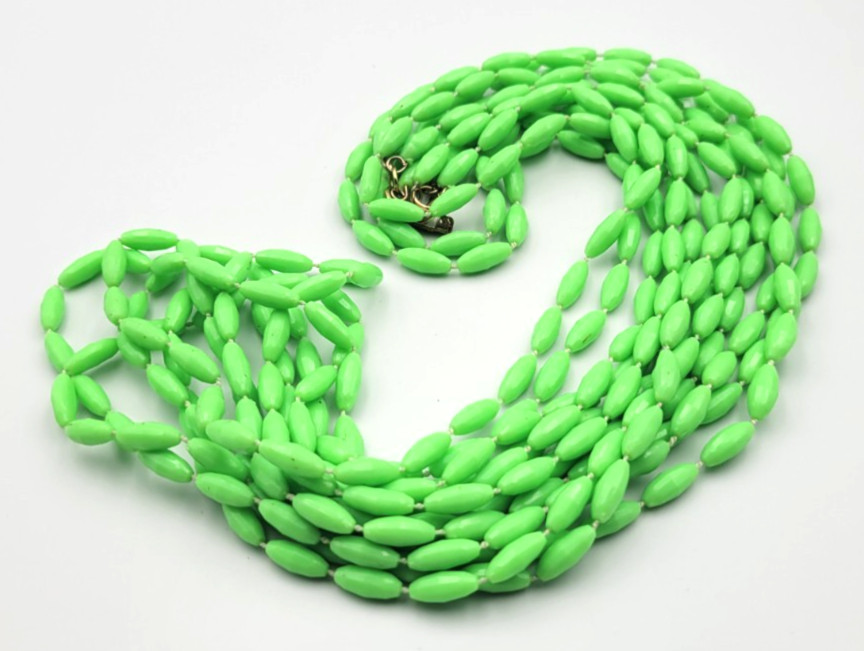 Vintage Lime Green 3 Strand Plastic Bead Necklace Hong Kong Long 50″