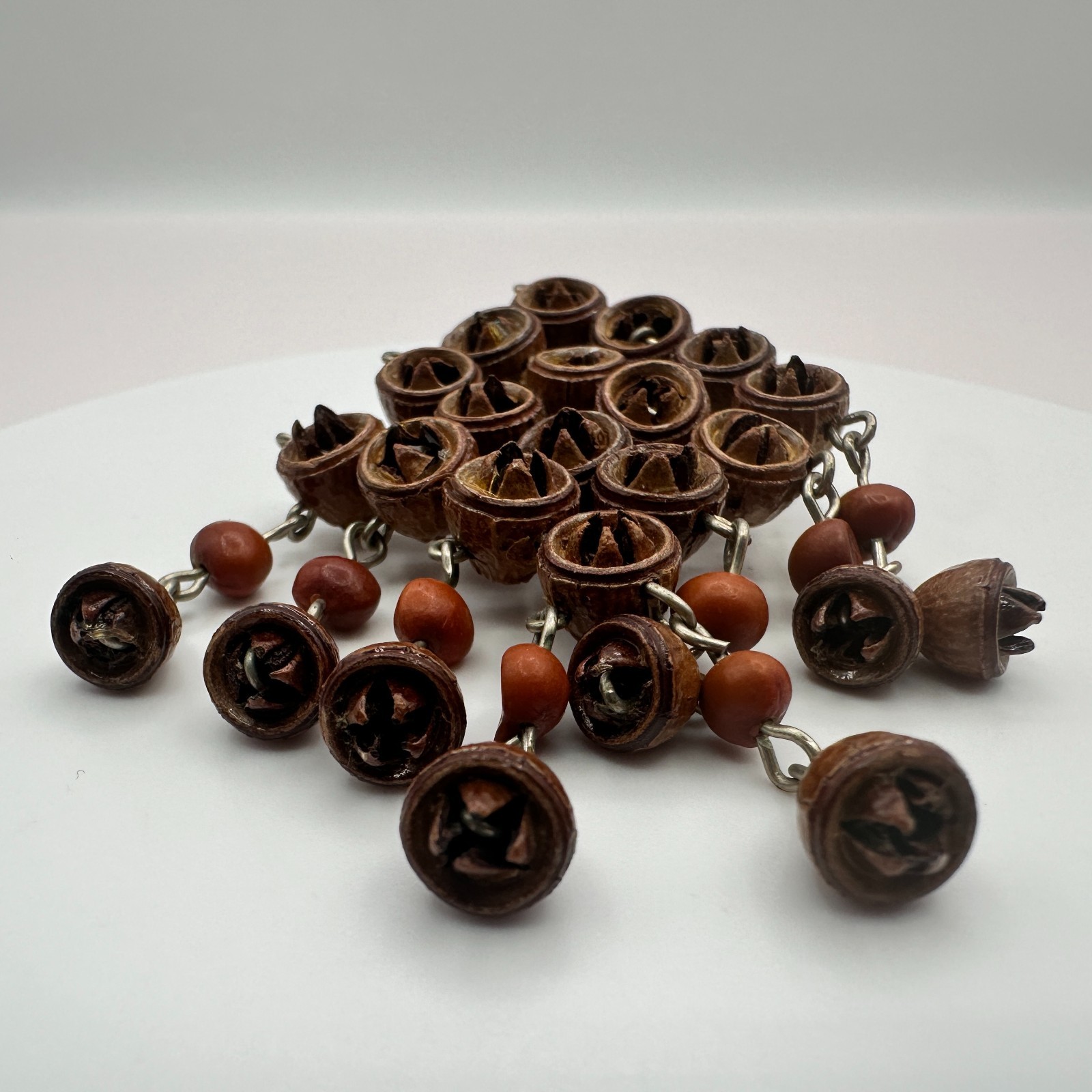 Vintage 90s Brown Wood Nut Seed Dangle Brooch Natural Boho Statement Jewelry