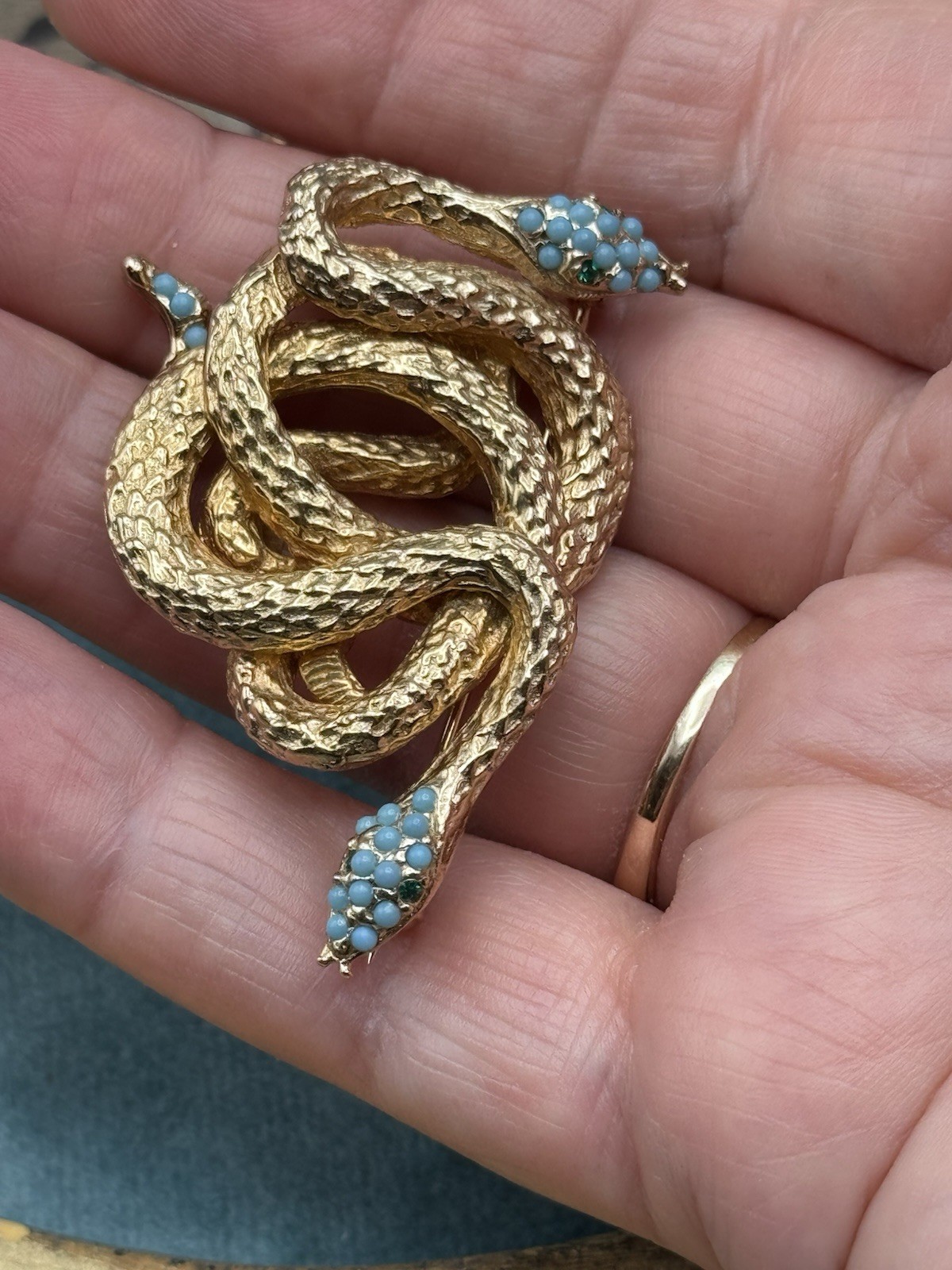 Les Bernard Snake Brooch Goldtone Serpent Blue Cabochon 2” Signed Inc Vintage