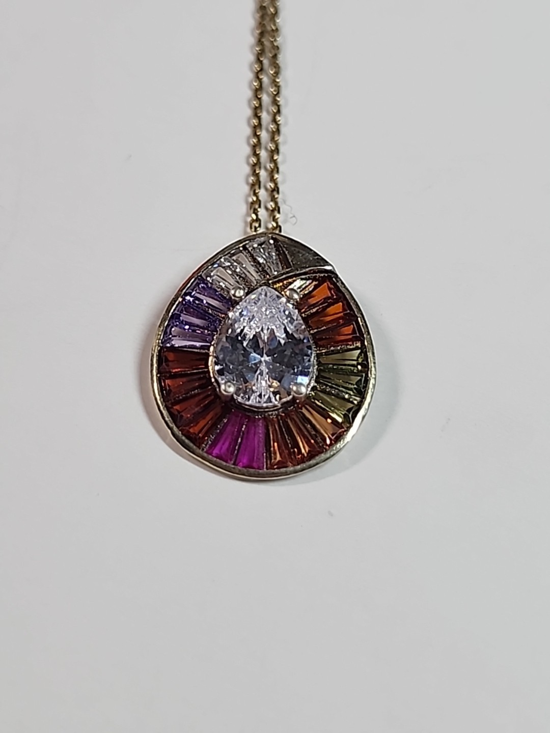 Rainbow Cluster Stones Teardrop Pendant Gold Over .925 Silver 17.5″ Necklace
