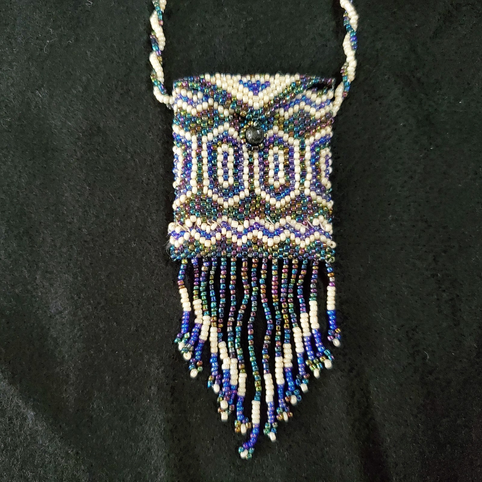 Vintage Mini Purse Necklace Seed Beaded Coin Pouch Artisan Oil Slick 24″ READ