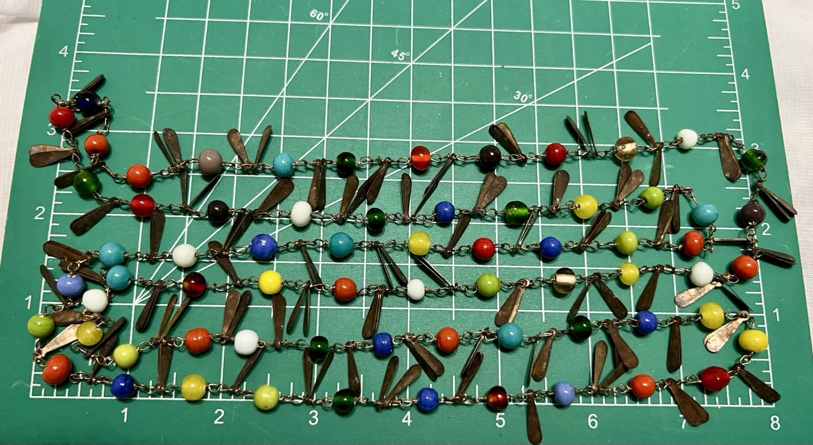 CZECH Flapper Length 54″ ART GLASS BEAD & TEARDROP METAL TAG Necklace VINTAGE